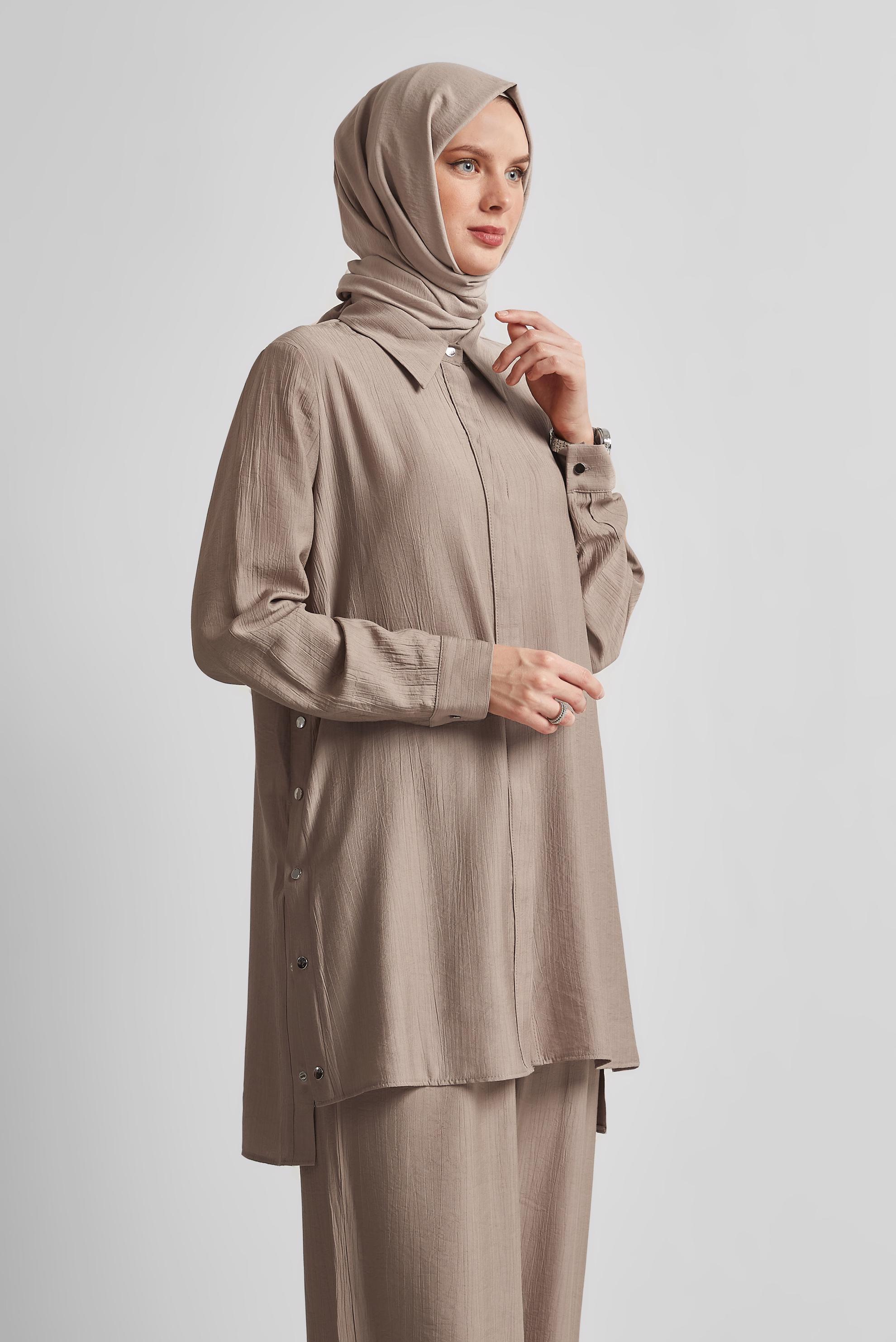 Tesettür giyim VİZON ÇITÇITLI PANTOLONLU TAKIM 45678