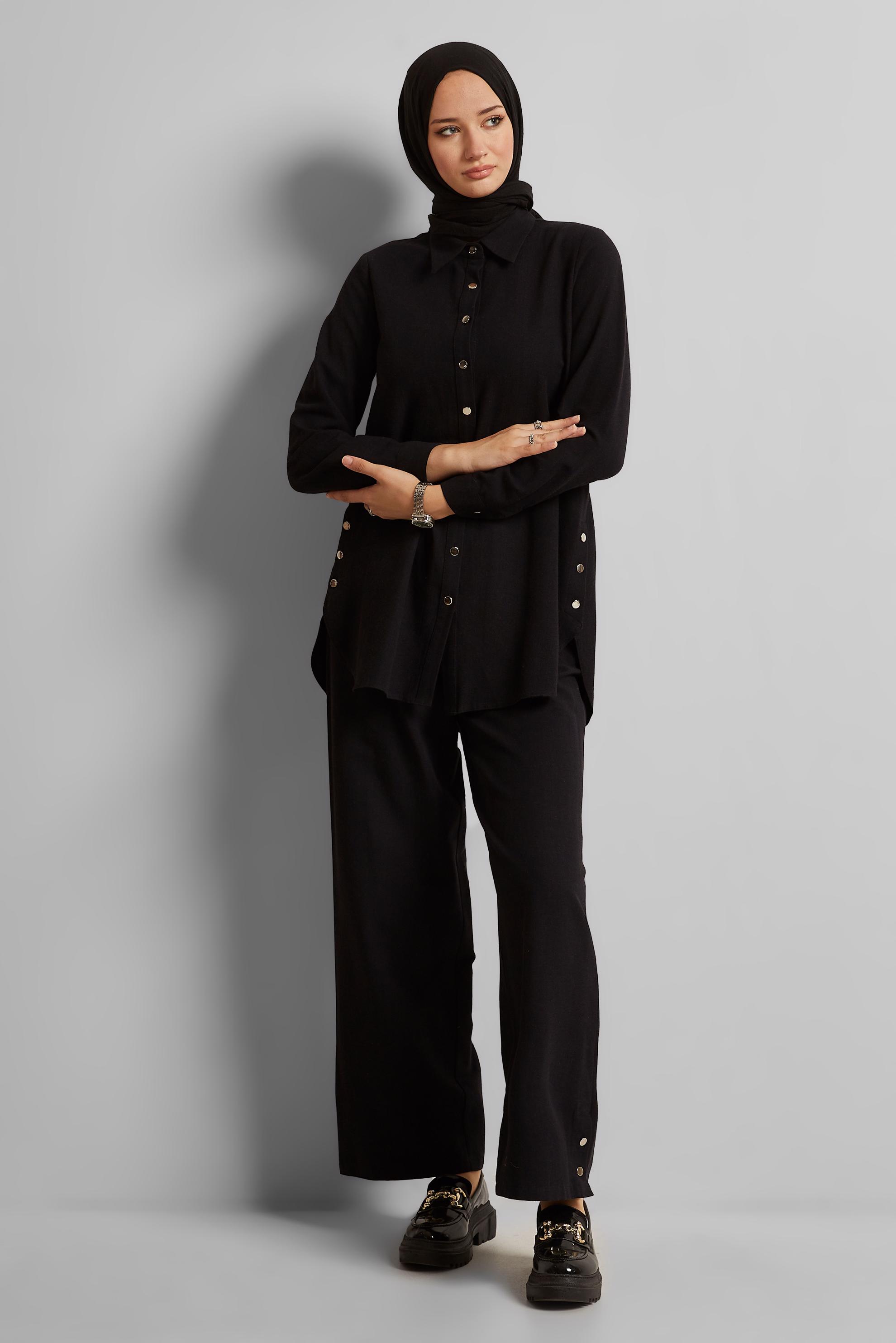 Tesettür giyim SİYAH KETEN EFEKTLİ PANTOLONLU TAKIM 45688