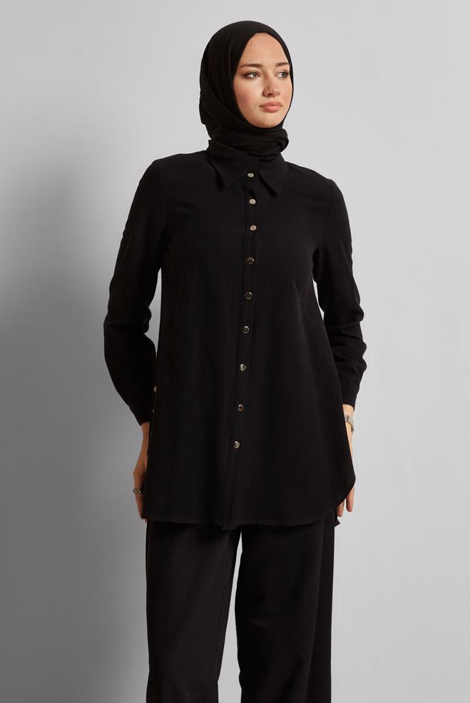 Tesettür giyim SİYAH KETEN EFEKTLİ PANTOLONLU TAKIM 45688 - ALVİNA