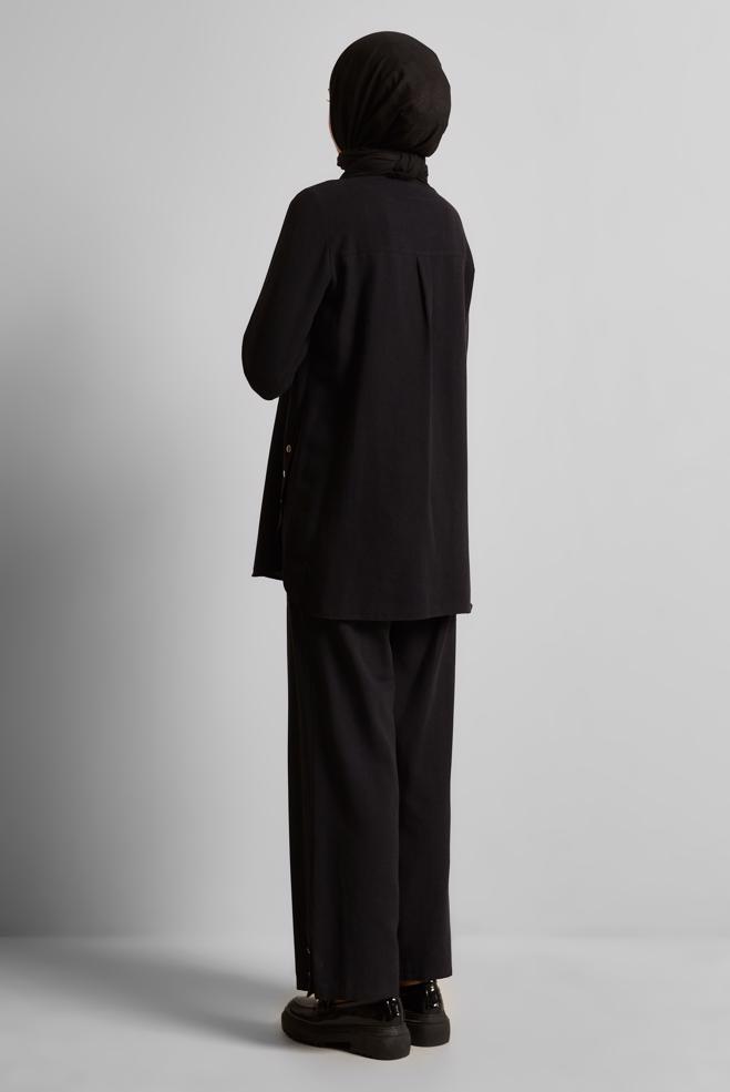 Tesettür giyim SİYAH KETEN EFEKTLİ PANTOLONLU TAKIM 45688 - ALVİNA