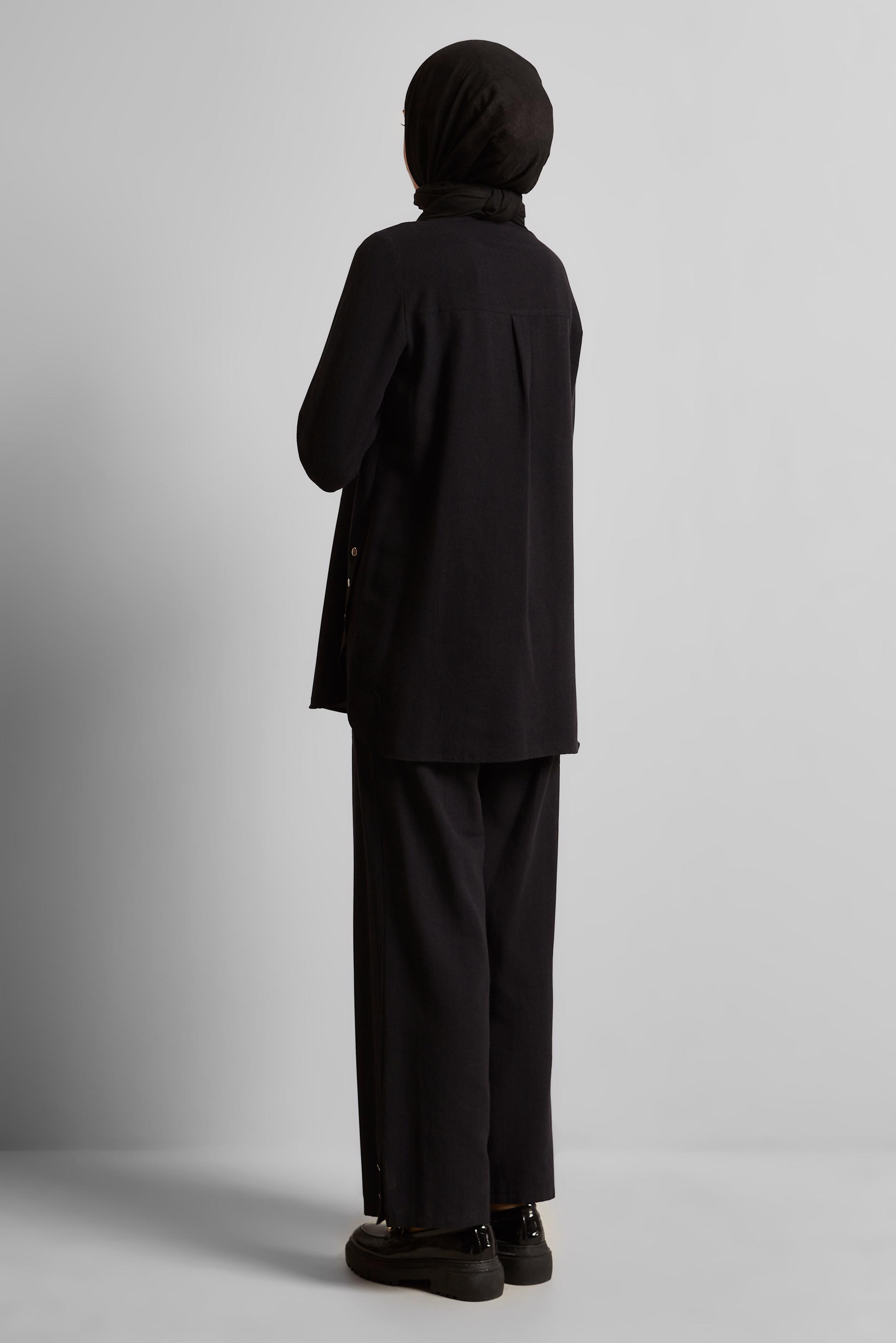 Tesettür giyim SİYAH KETEN EFEKTLİ PANTOLONLU TAKIM 45688