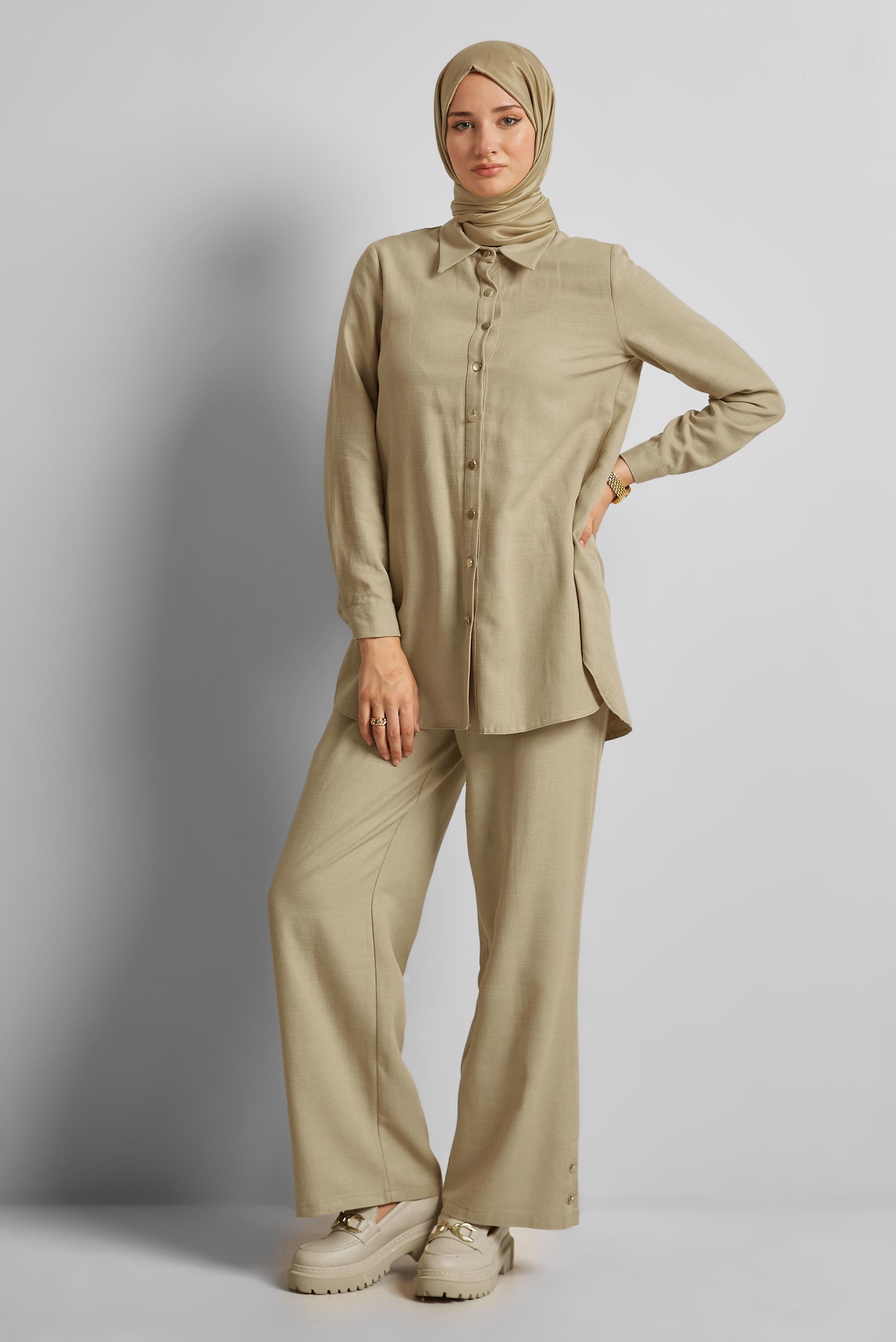 Tesettür giyim KAHVE KETEN EFEKTLİ PANTOLONLU TAKIM 45688