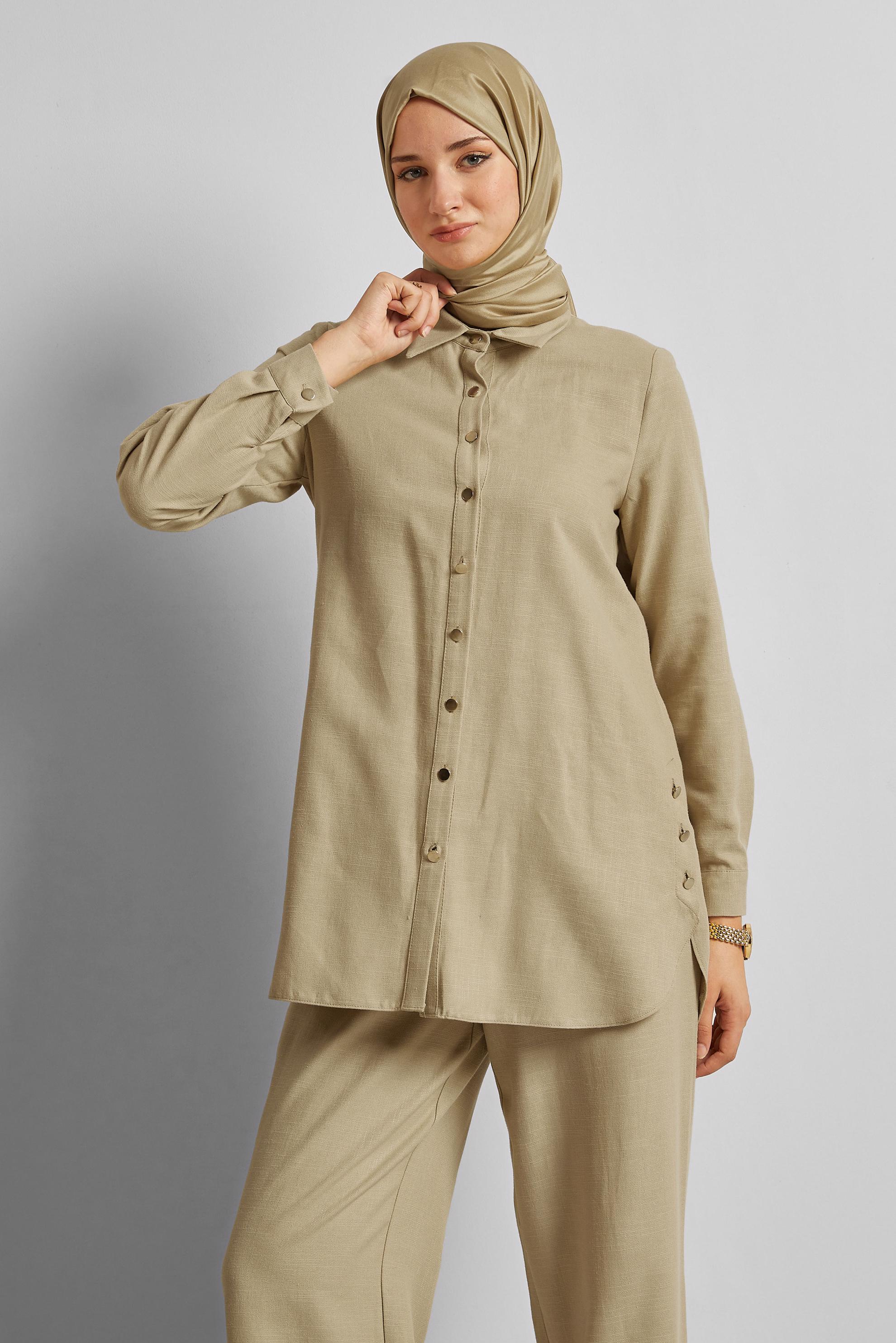 Tesettür giyim KAHVE KETEN EFEKTLİ PANTOLONLU TAKIM 45688