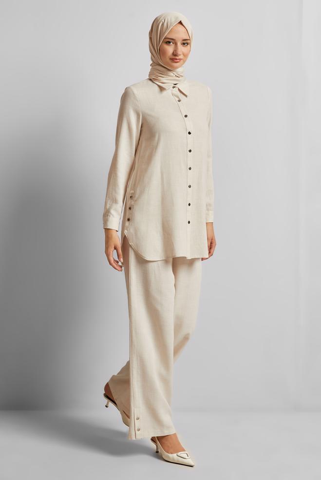 Tesettür giyim EKRU KETEN EFEKTLİ PANTOLONLU TAKIM 45688 - ALVİNA