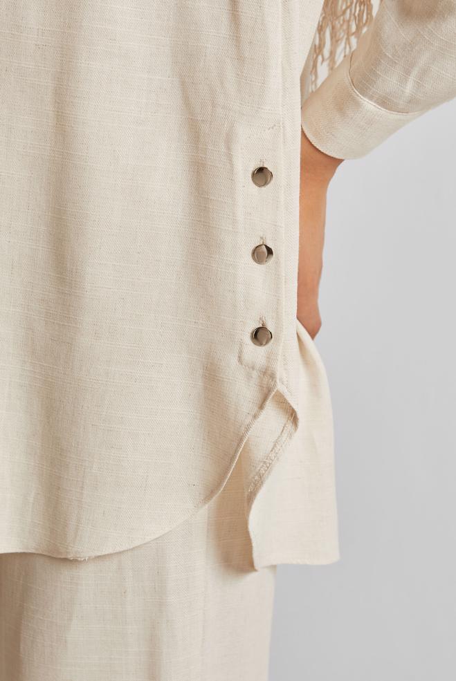 Tesettür giyim EKRU KETEN EFEKTLİ PANTOLONLU TAKIM 45688 - ALVİNA