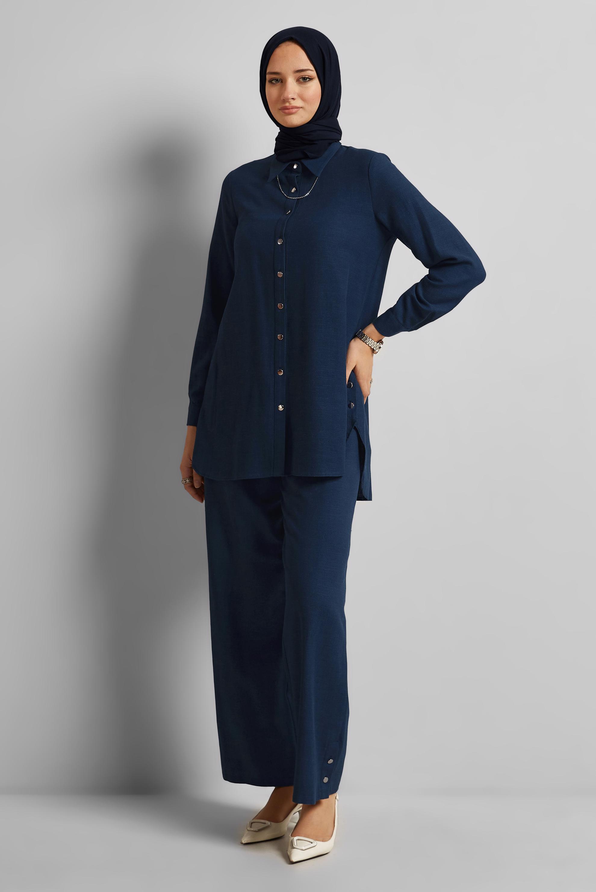 Tesettür giyim LACİVERT KETEN EFEKTLİ PANTOLONLU TAKIM 45688