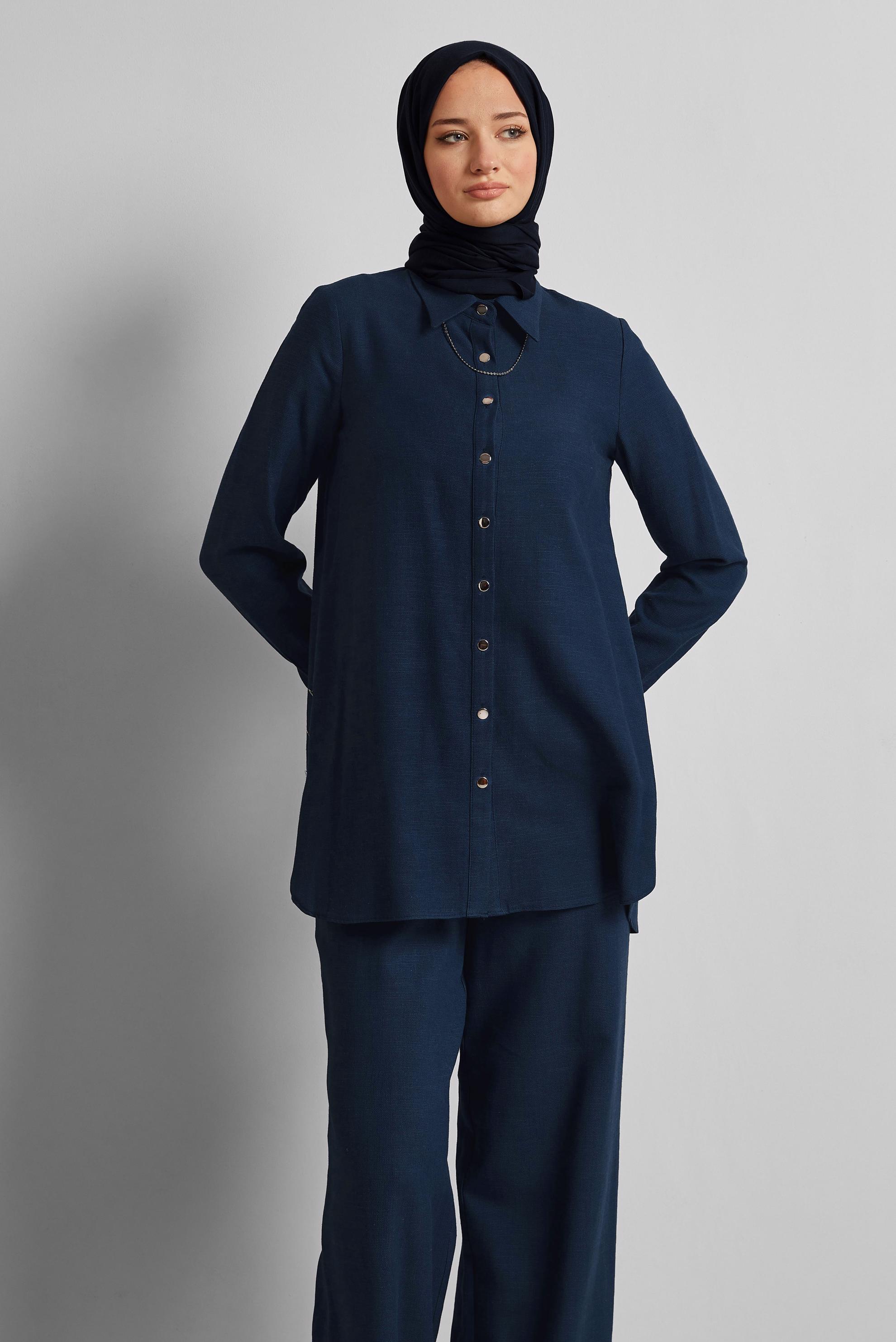Tesettür giyim LACİVERT KETEN EFEKTLİ PANTOLONLU TAKIM 45688