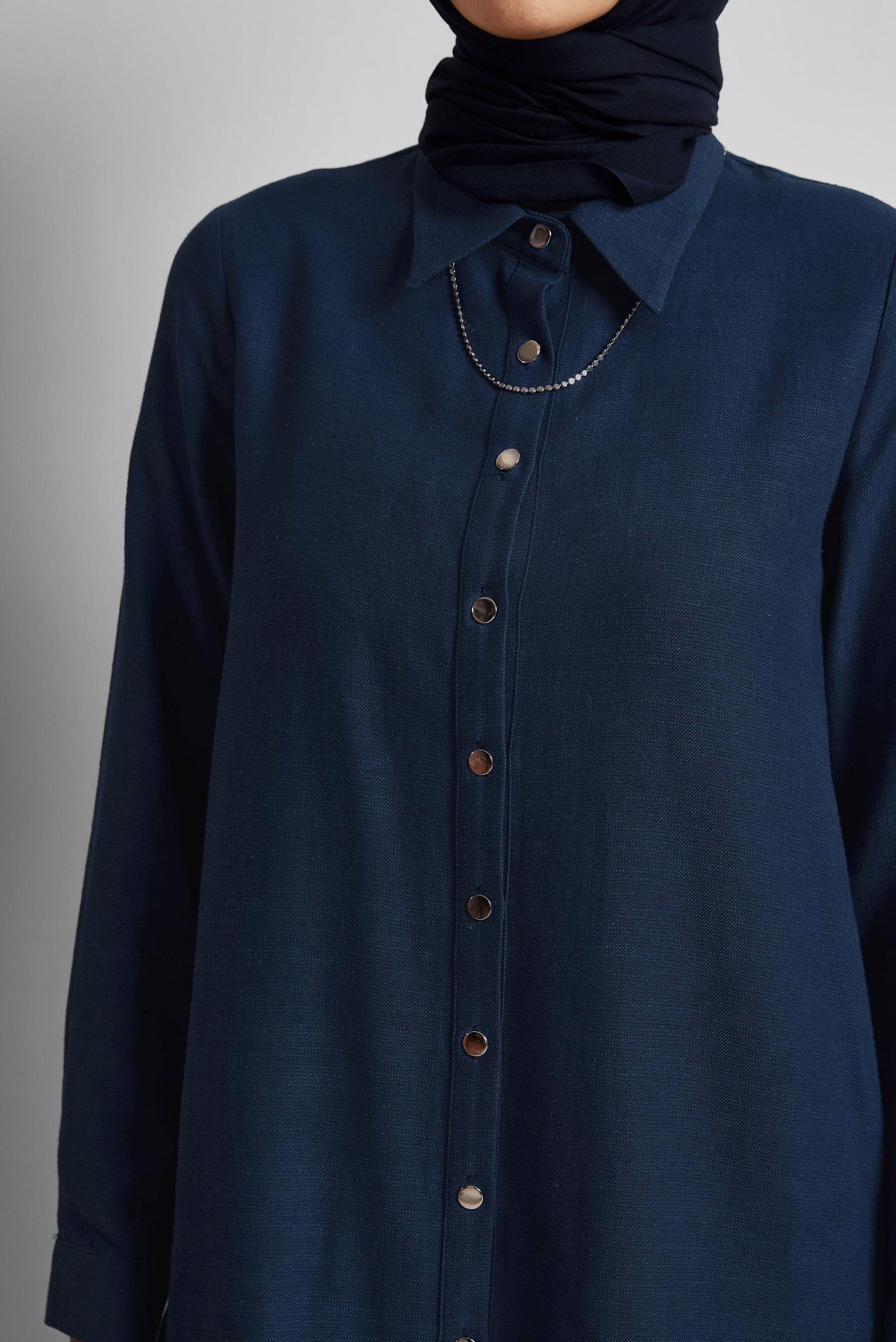 Tesettür giyim LACİVERT KETEN EFEKTLİ PANTOLONLU TAKIM 45688