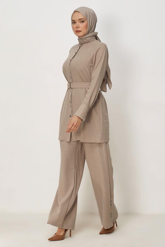 Vêtements hijab BEIGE ENSEMBLE PANTALON CEINTURÉ 45705 - ALVİNA