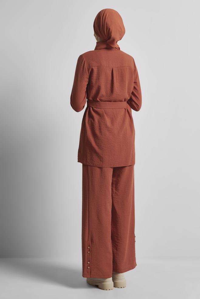 Tesettür giyim TURUNCU KEMERLİ PANTOLONLU TAKIM 45705 - ALVİNA
