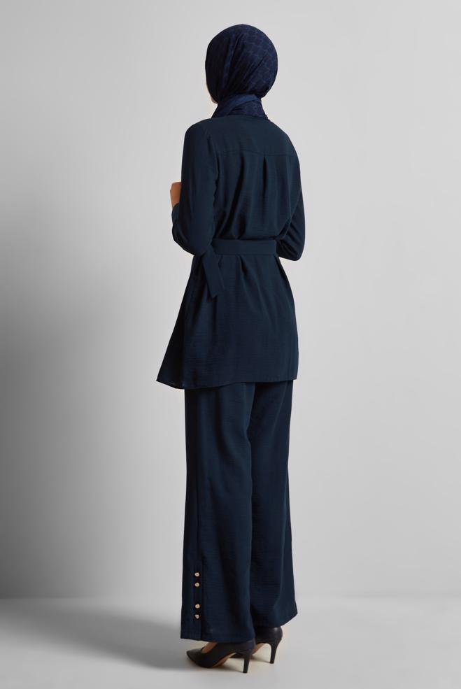Tesettür giyim LACİVERT KEMERLİ PANTOLONLU TAKIM 45705 - ALVİNA