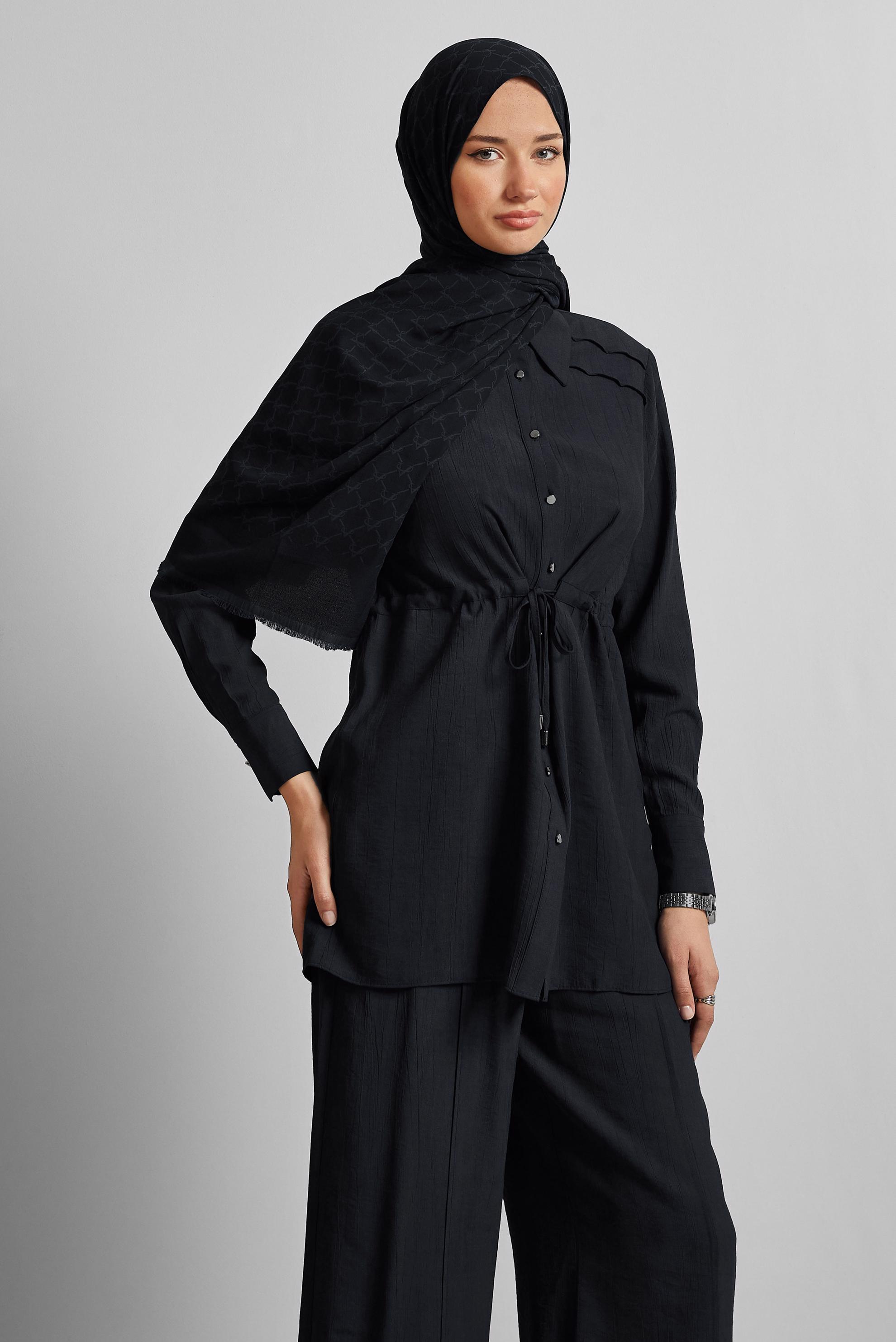 Tesettür giyim SİYAH BELİ BÜZGÜLÜ PANTOLONLU TAKIM 45713