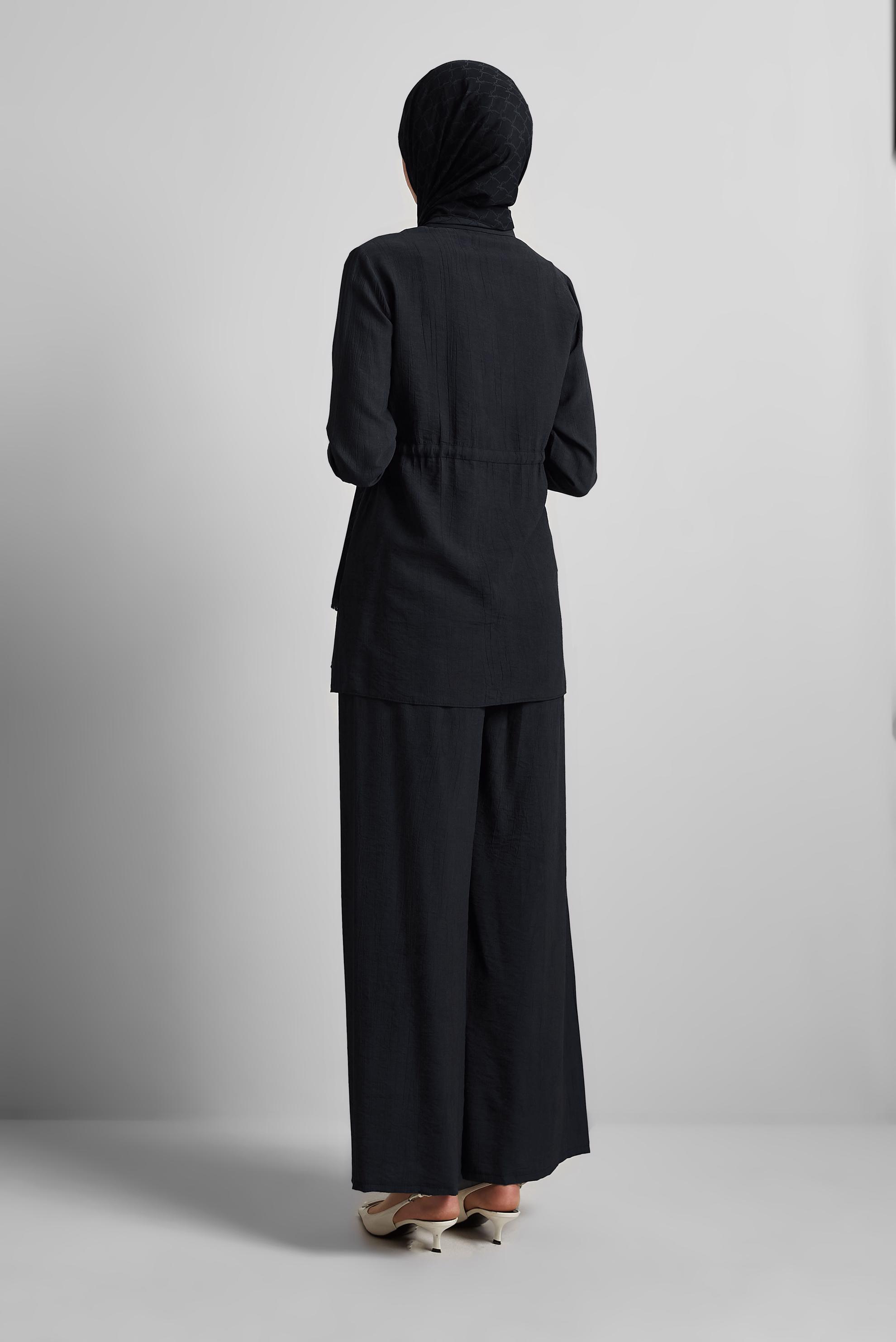 Tesettür giyim SİYAH BELİ BÜZGÜLÜ PANTOLONLU TAKIM 45713