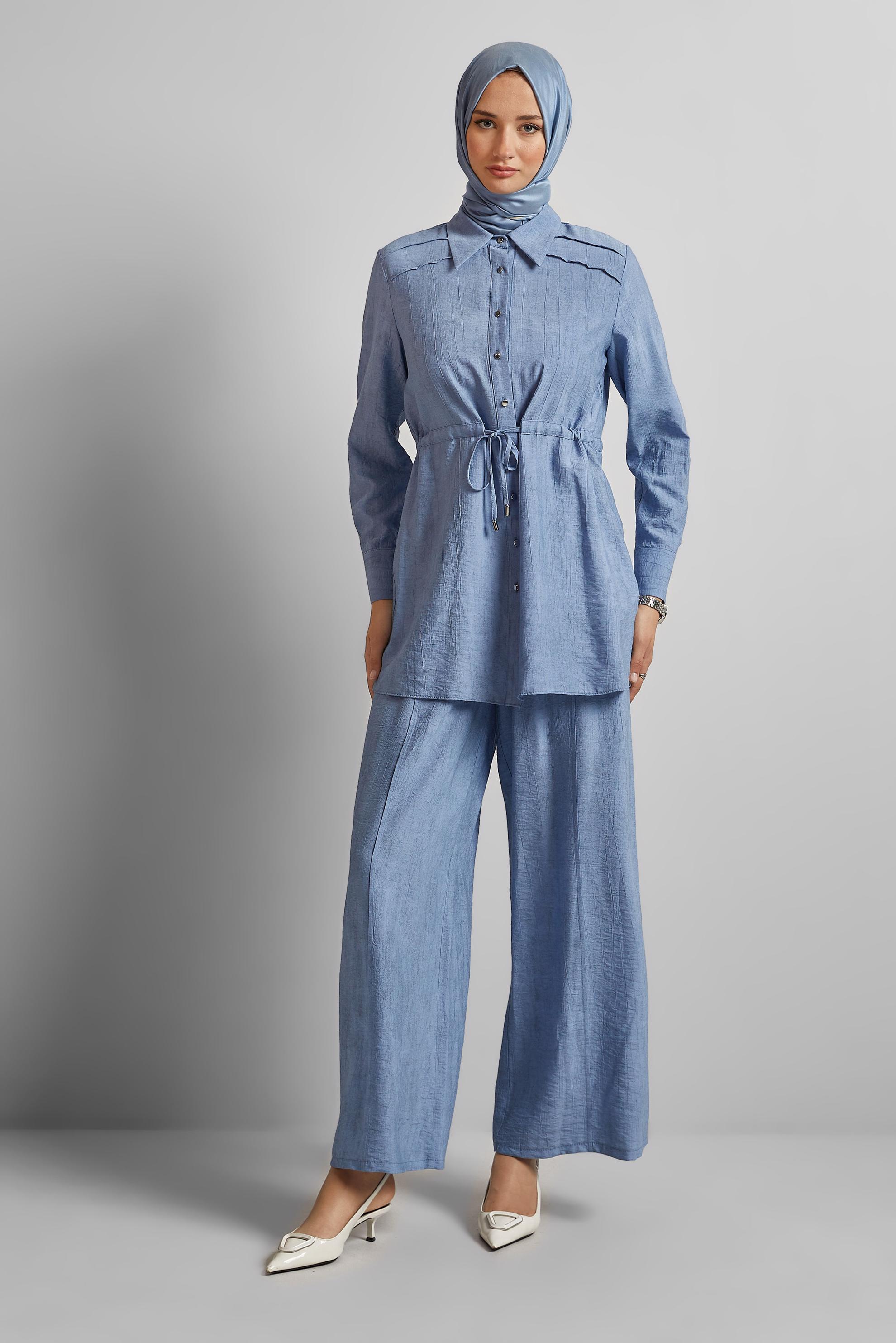 Tesettür giyim MAVİ BELİ BÜZGÜLÜ PANTOLONLU TAKIM 45713