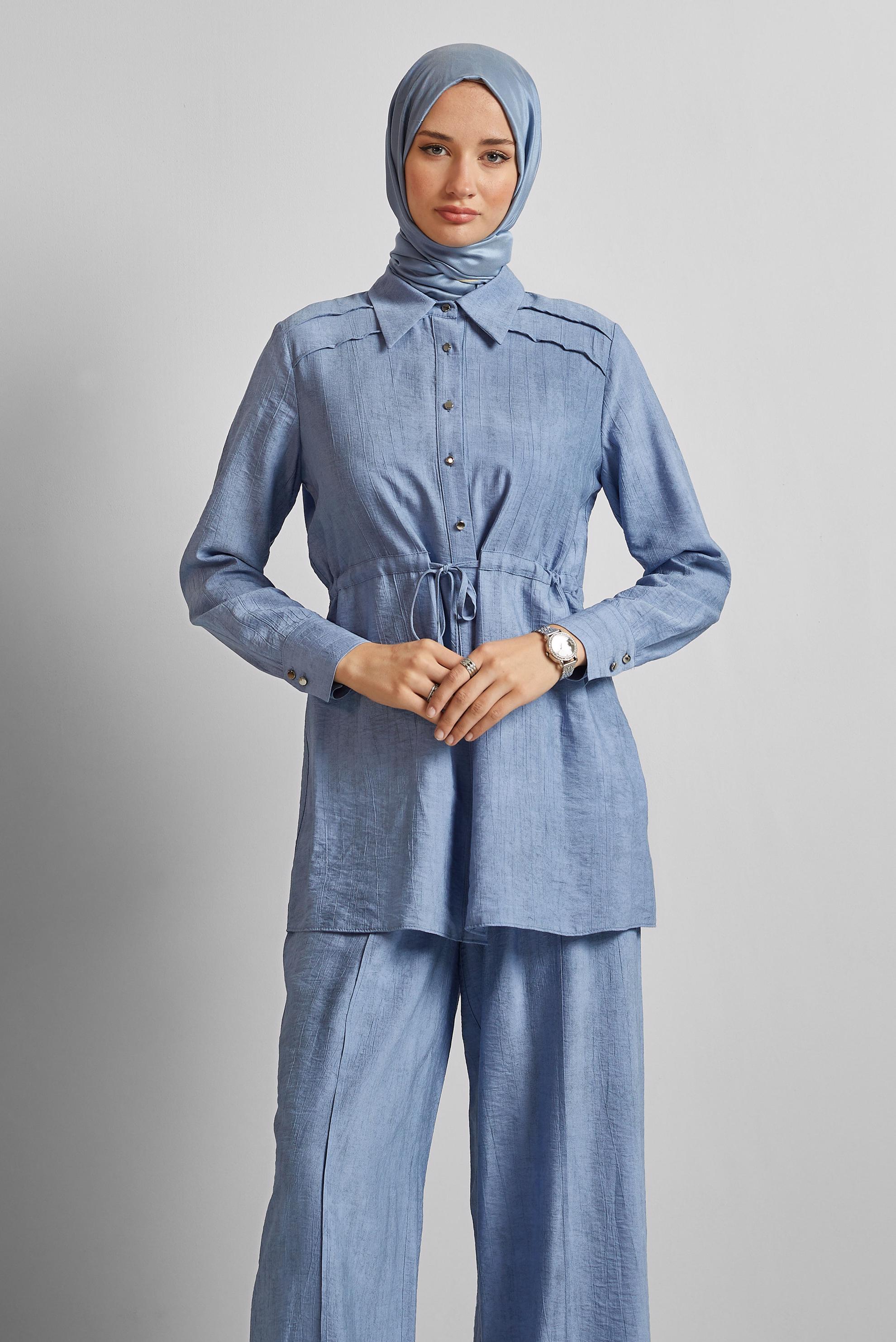 Tesettür giyim MAVİ BELİ BÜZGÜLÜ PANTOLONLU TAKIM 45713