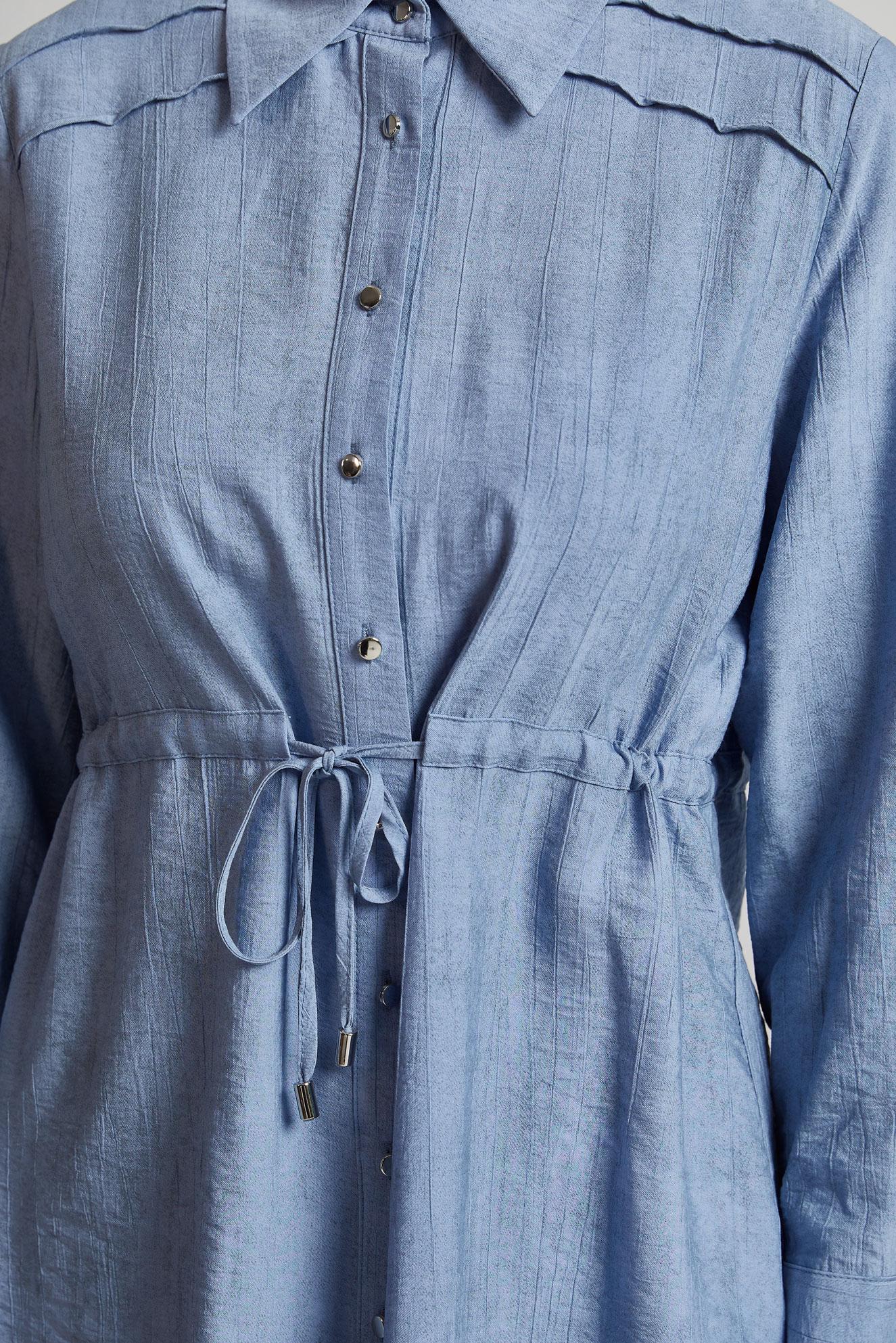 Tesettür giyim MAVİ BELİ BÜZGÜLÜ PANTOLONLU TAKIM 45713