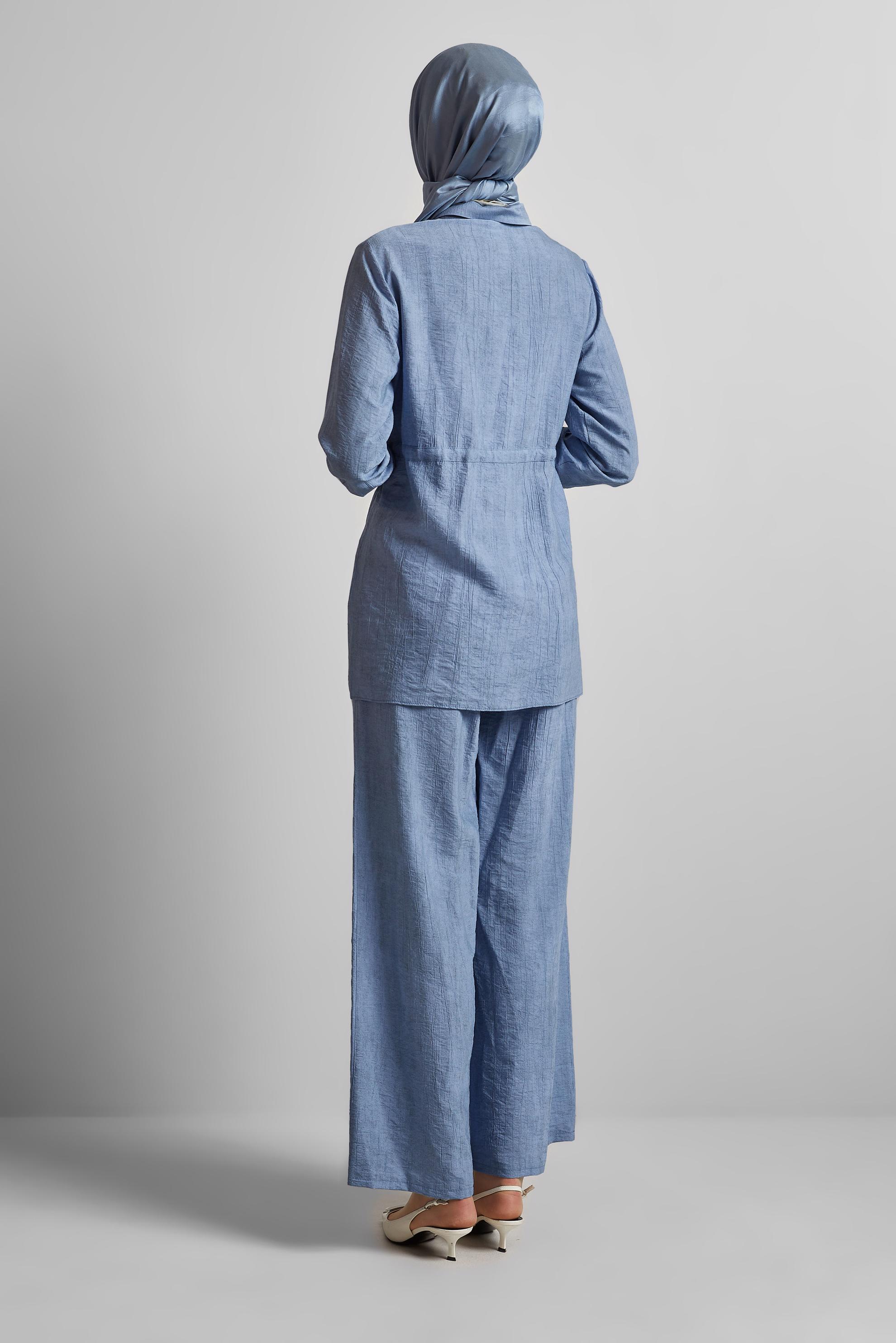 Tesettür giyim MAVİ BELİ BÜZGÜLÜ PANTOLONLU TAKIM 45713