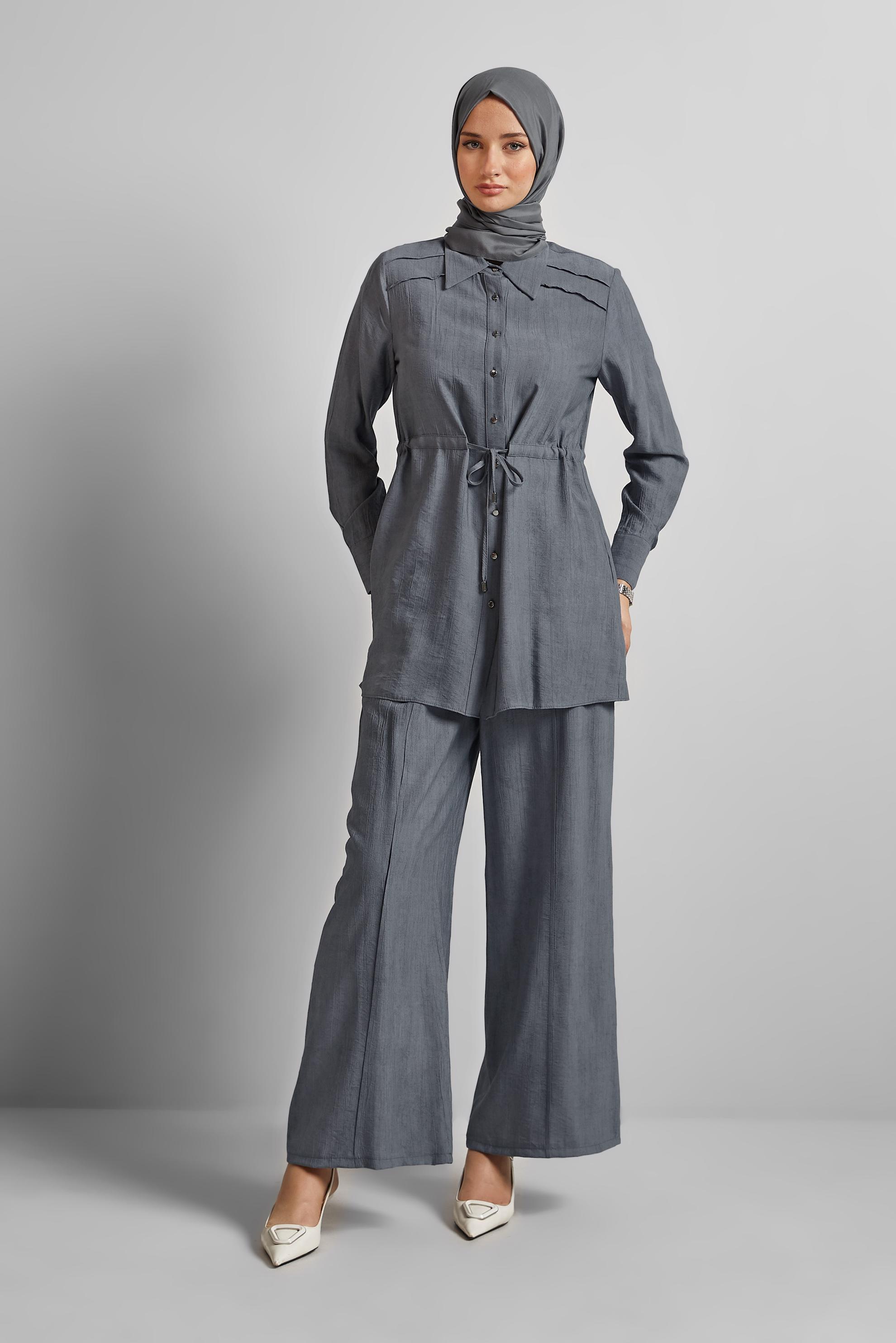 Tesettür giyim GRİ BELİ BÜZGÜLÜ PANTOLONLU TAKIM 45713