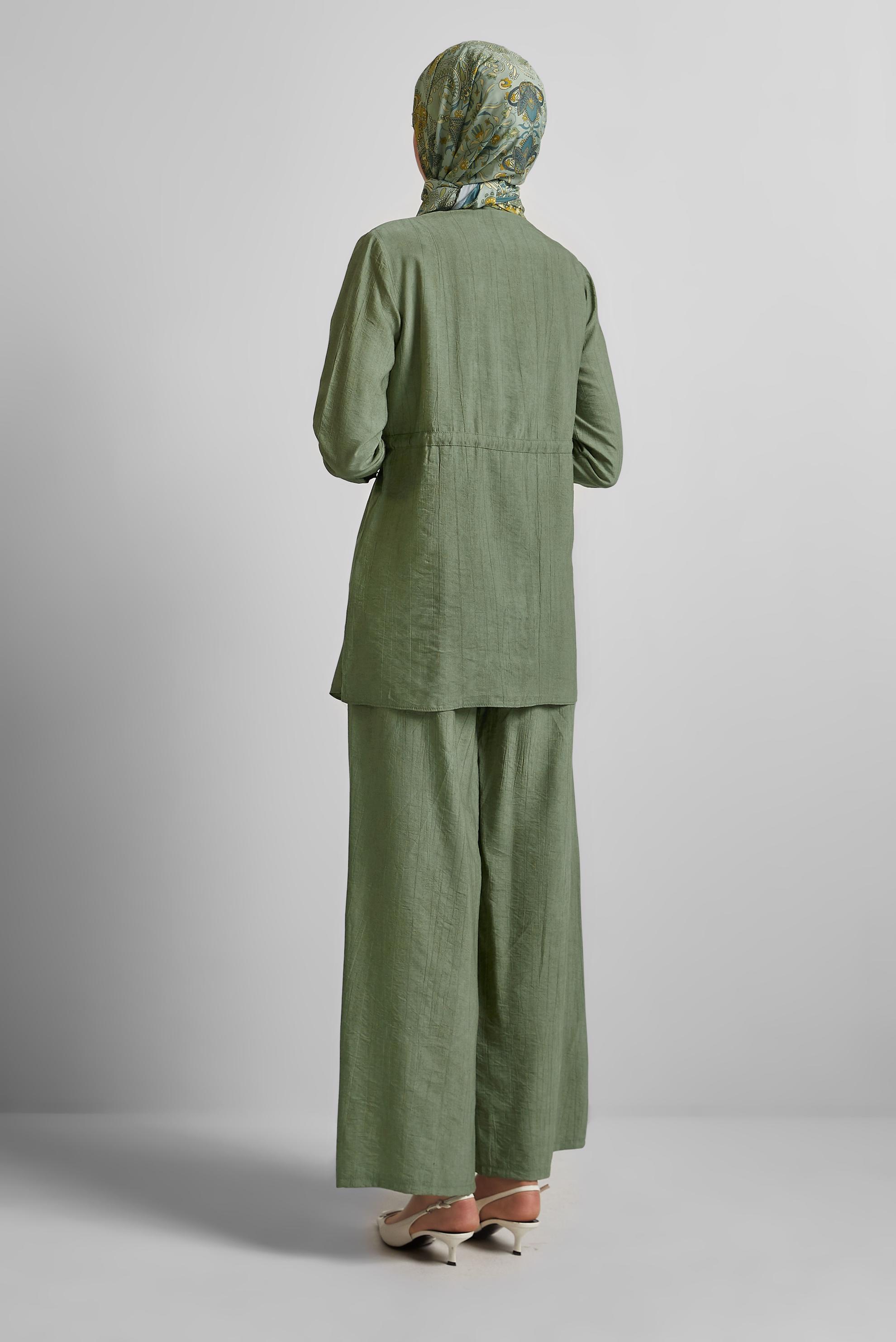 Tesettür giyim HAKİ BELİ BÜZGÜLÜ PANTOLONLU TAKIM 45713