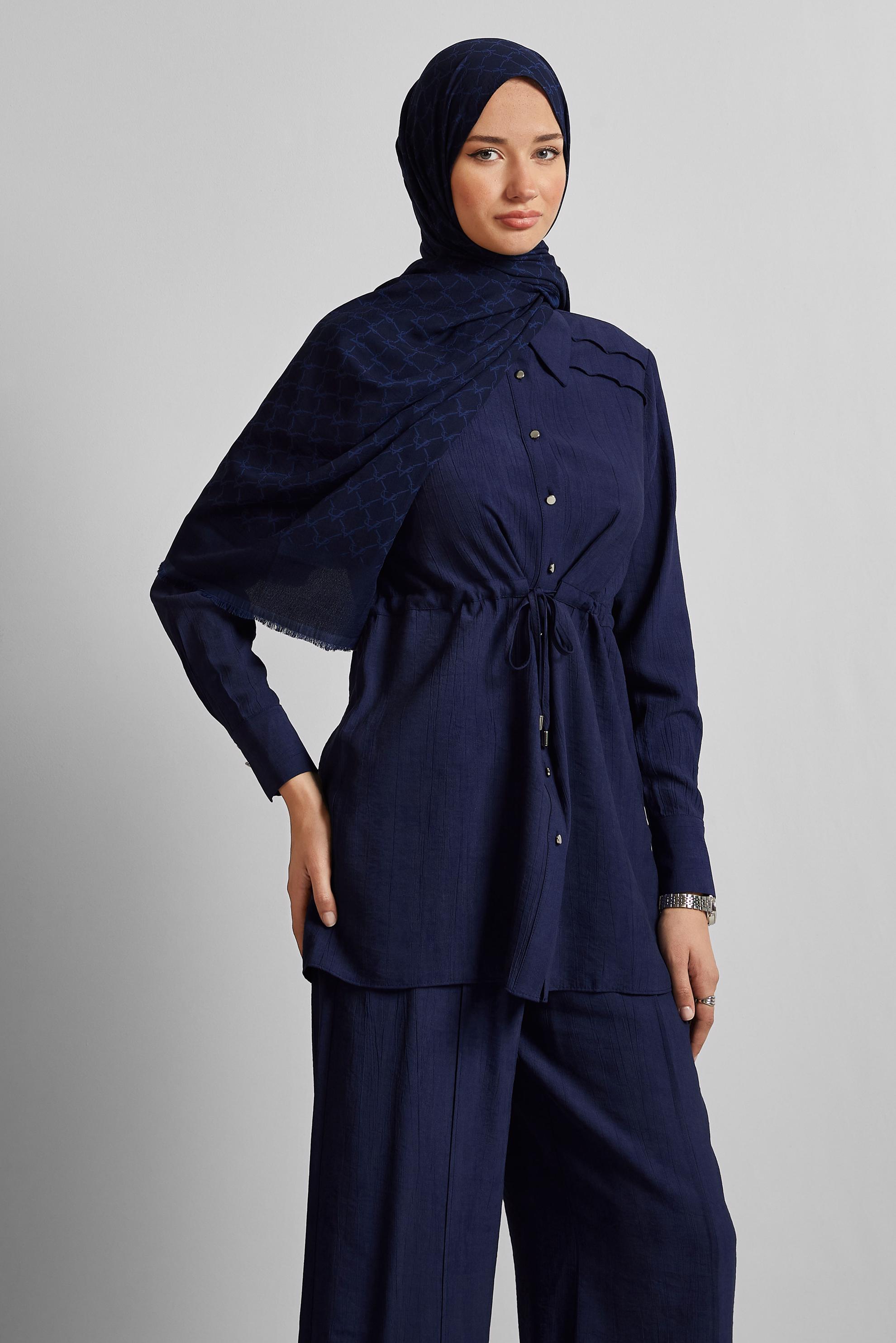 Tesettür giyim LACİVERT BELİ BÜZGÜLÜ PANTOLONLU TAKIM 45713