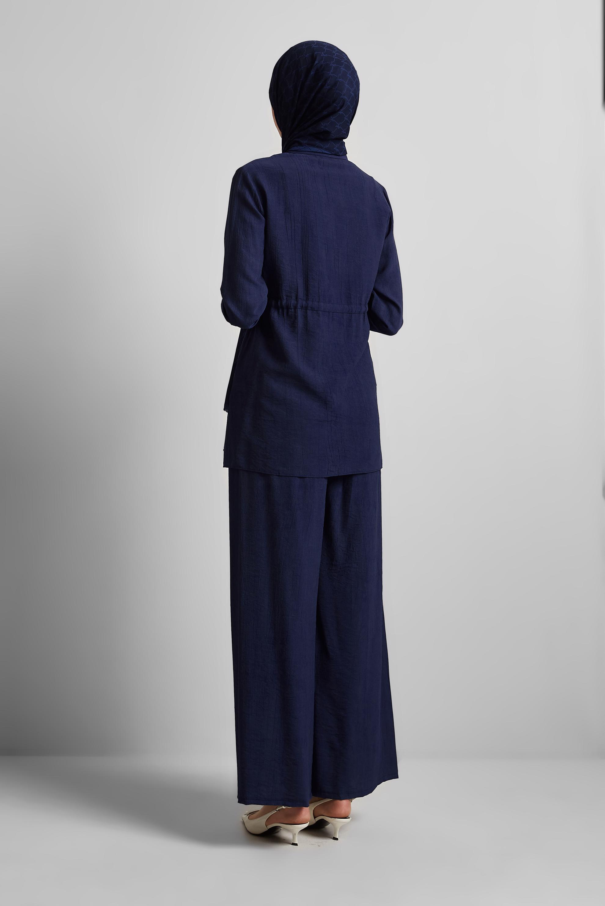 Tesettür giyim LACİVERT BELİ BÜZGÜLÜ PANTOLONLU TAKIM 45713