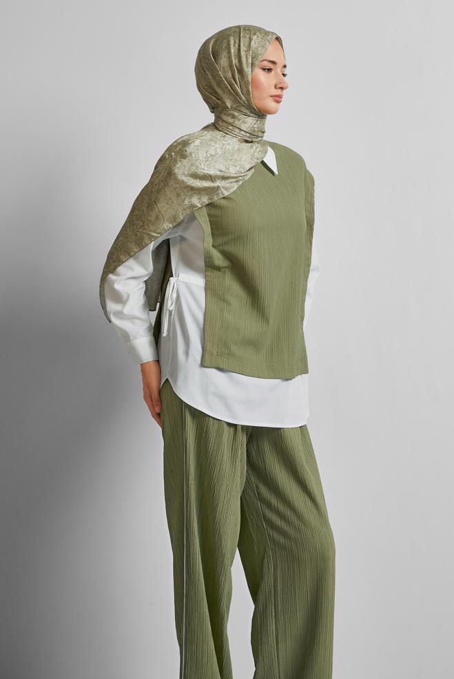 Tesettür giyim HAKİ GÖMLEK YAKA PANTOLONLU TAKIM 45754 - ALVİNA