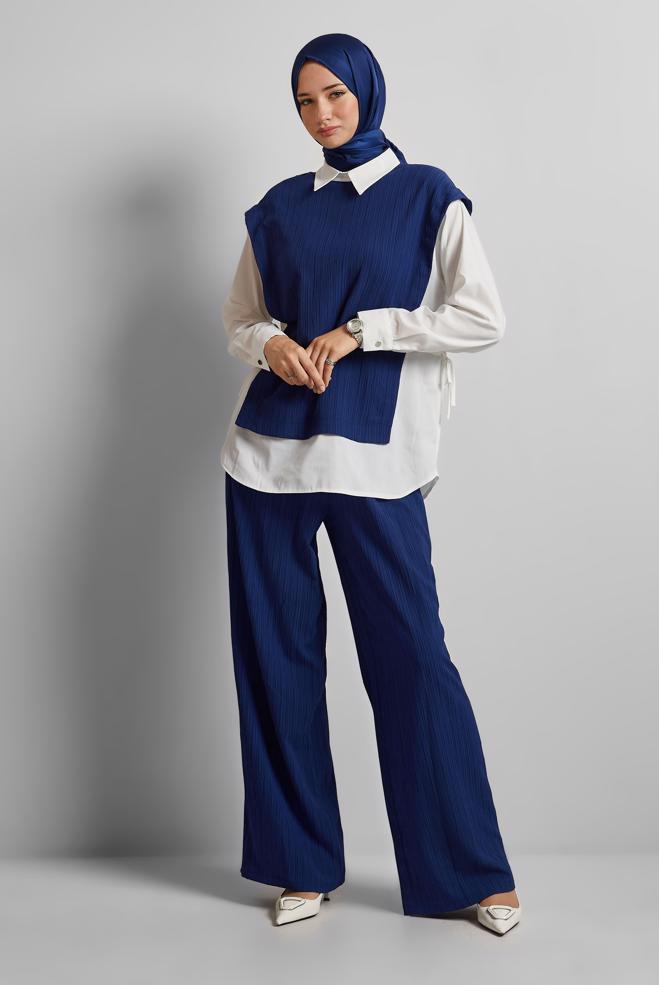 Tesettür giyim LACİVERT GÖMLEK YAKA PANTOLONLU TAKIM 45754 - ALVİNA