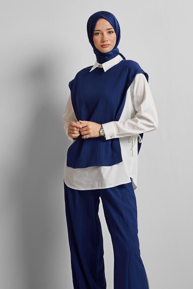 Tesettür giyim LACİVERT GÖMLEK YAKA PANTOLONLU TAKIM 45754 - ALVİNA