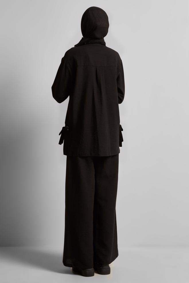 Tesettür giyim SİYAH BAĞLAMA DETAYLI PANTOLONLU TAKIM 45775 - ALVİNA