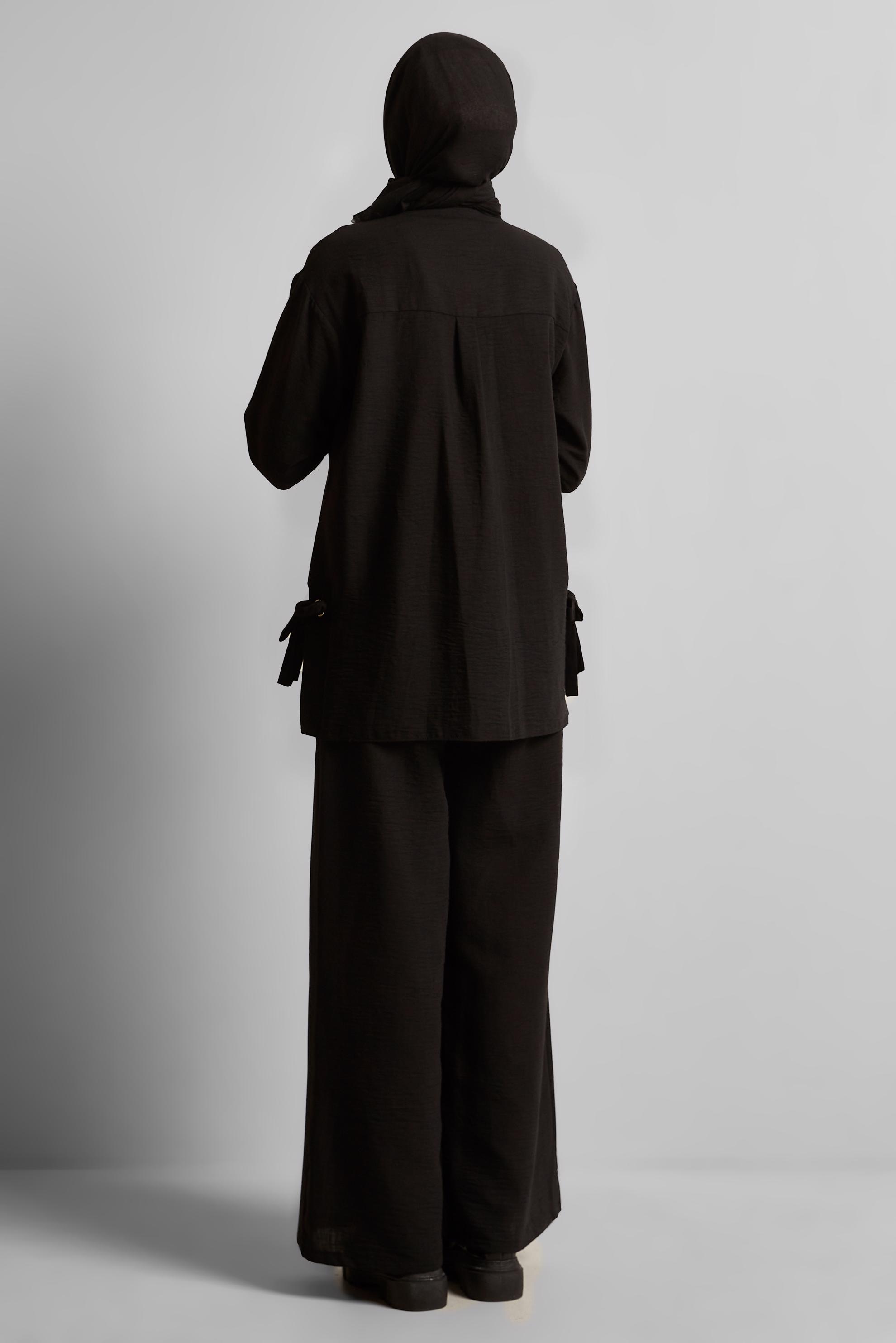 Tesettür giyim SİYAH BAĞLAMA DETAYLI PANTOLONLU TAKIM 45775