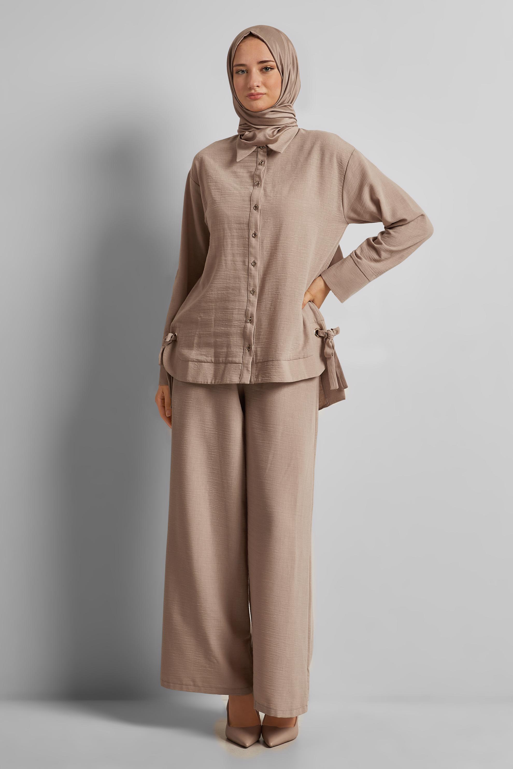 Tesettür giyim BEJ BAĞLAMA DETAYLI PANTOLONLU TAKIM 45775