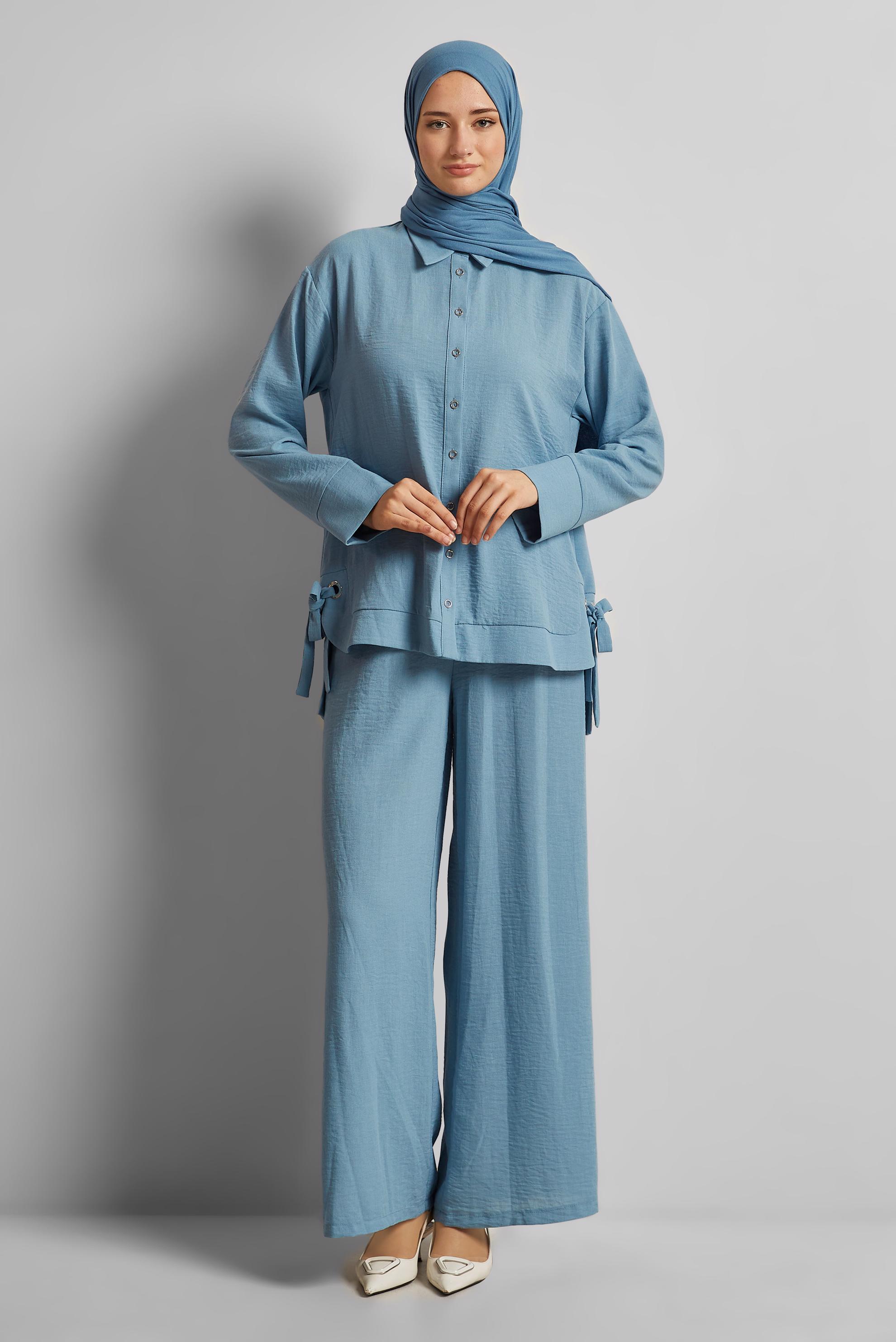 Vêtements hijab BLEU COSTUME PANTALON NOUÉ 45775