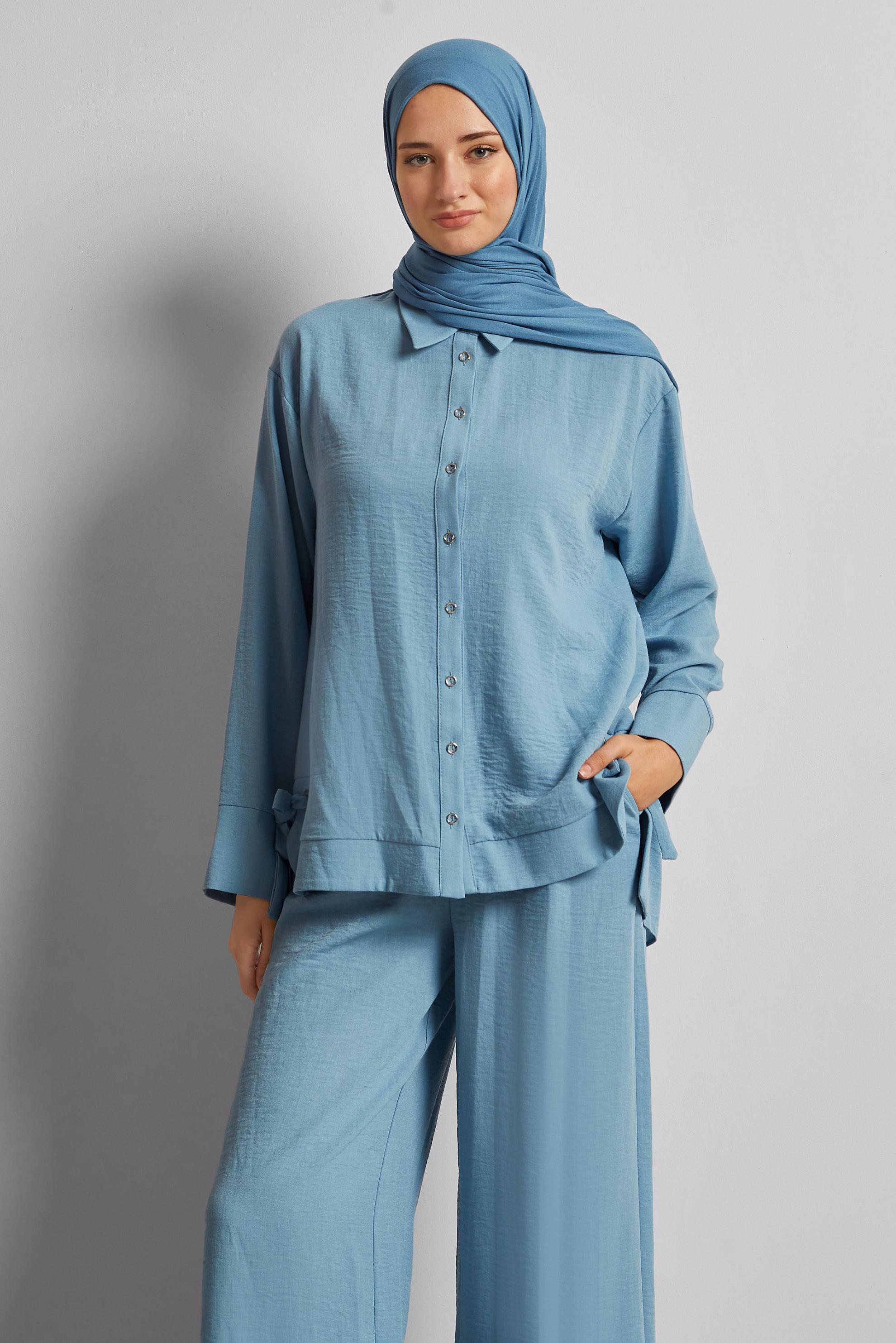 Vêtements hijab BLEU COSTUME PANTALON NOUÉ 45775