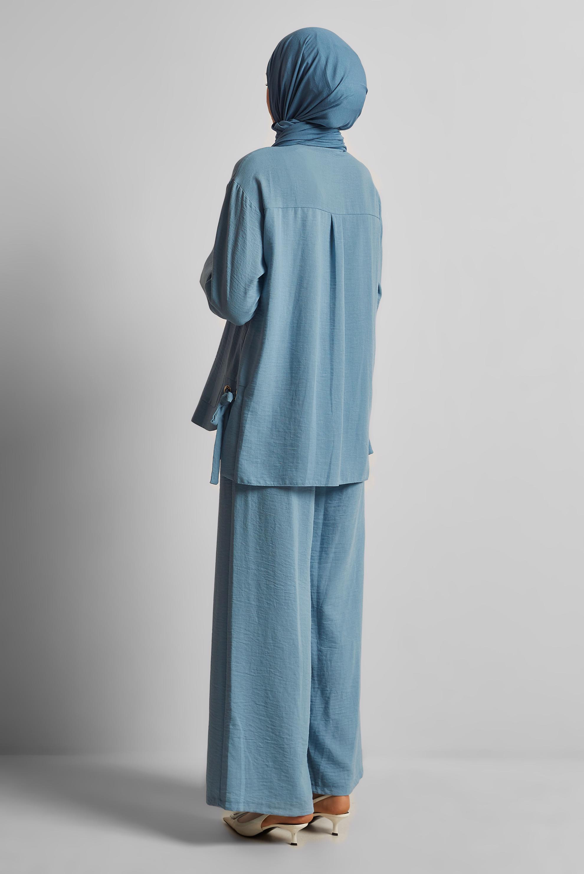 Vêtements hijab BLEU COSTUME PANTALON NOUÉ 45775