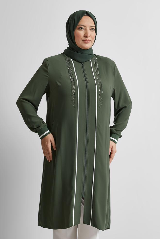 Vêtements hijab KAKI TUNIQUE À DÉTAILS DE PIERRES PRÉCIEUSES 20558 - ALVİNA
