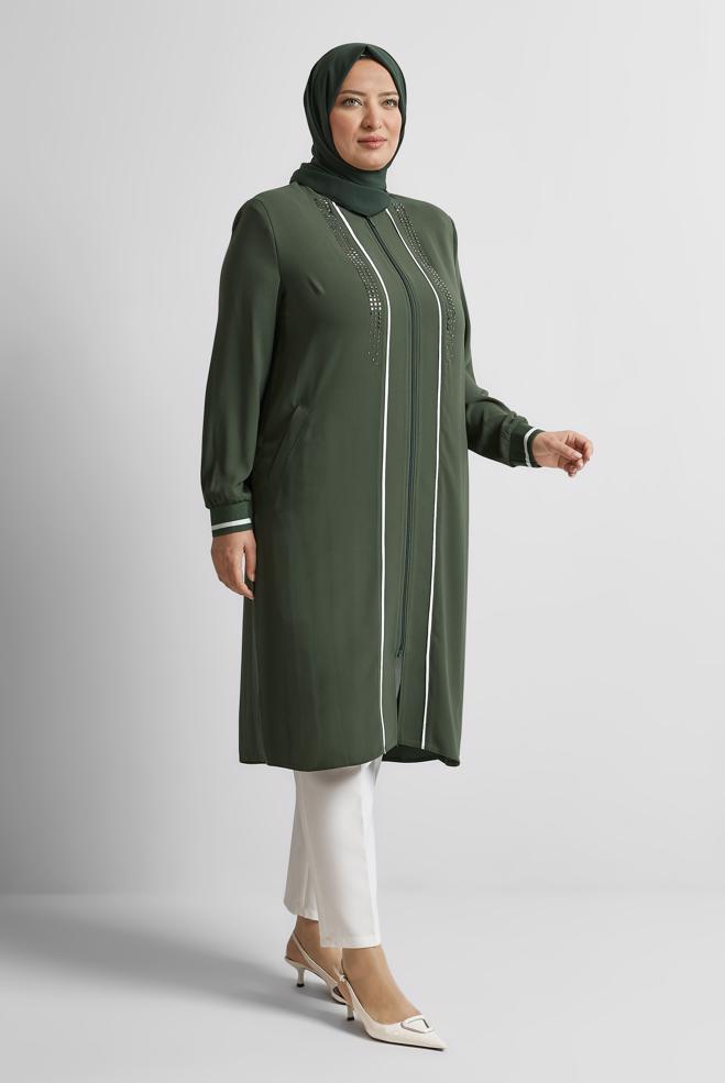 Vêtements hijab KAKI TUNIQUE À DÉTAILS DE PIERRES PRÉCIEUSES 20558 - ALVİNA