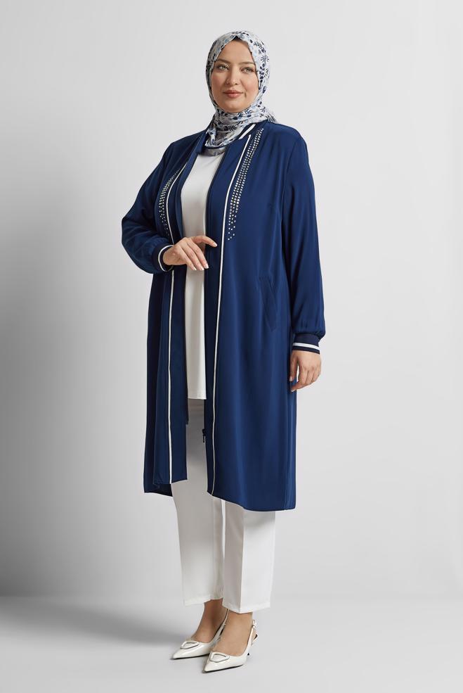 Vêtements hijab BLEU MARINE TUNIQUE À DÉTAILS DE PIERRES PRÉCIEUSES 20558 - ALVİNA