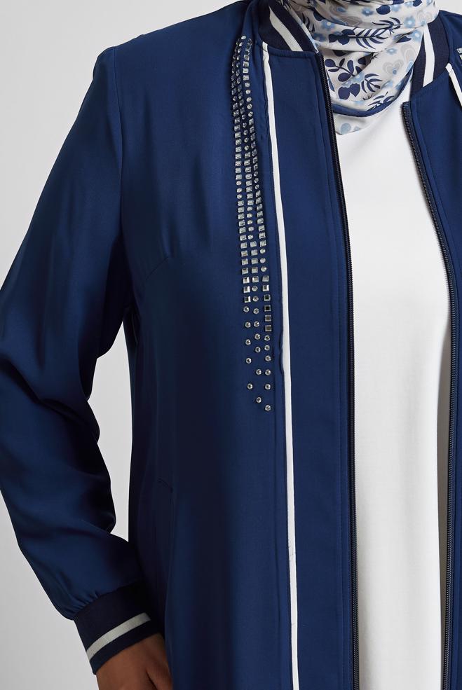 Vêtements hijab BLEU MARINE TUNIQUE À DÉTAILS DE PIERRES PRÉCIEUSES 20558 - ALVİNA