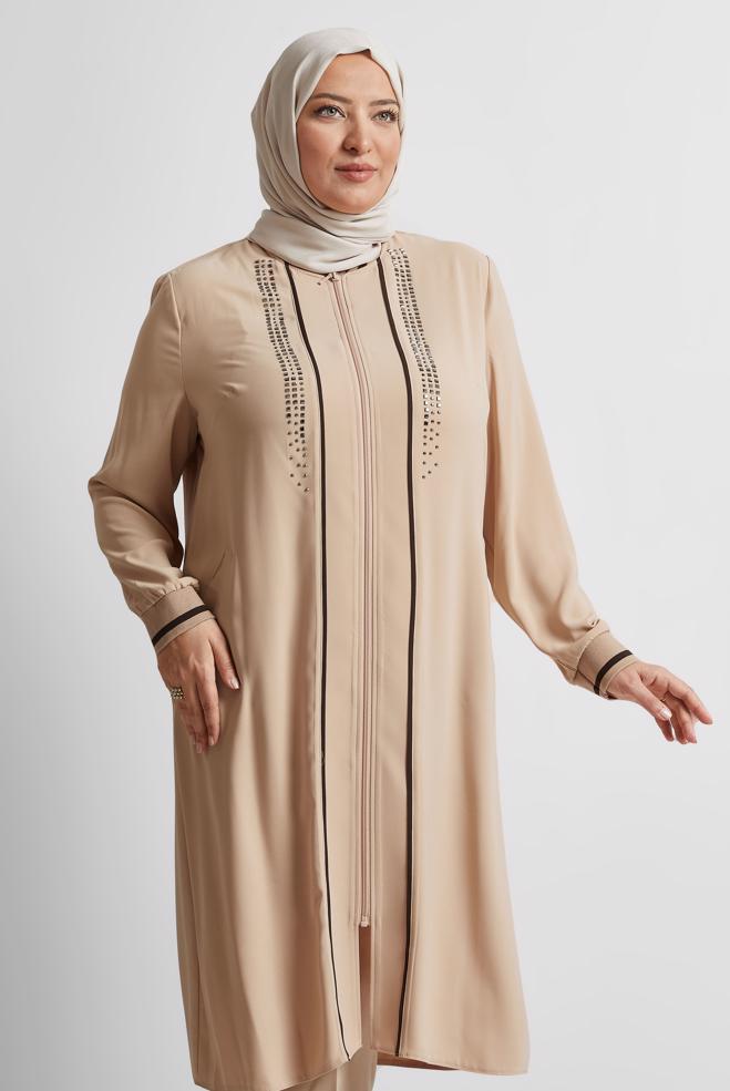 Vêtements hijab POUDRE TUNIQUE À DÉTAILS DE PIERRES PRÉCIEUSES 20558 - ALVİNA