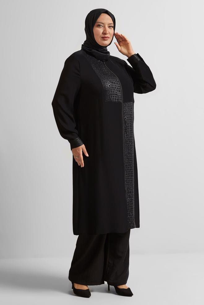 Vêtements hijab NOIR TUNIQUE LONGUE À FERMETURE ÉCLAIR 20561 - ALVİNA