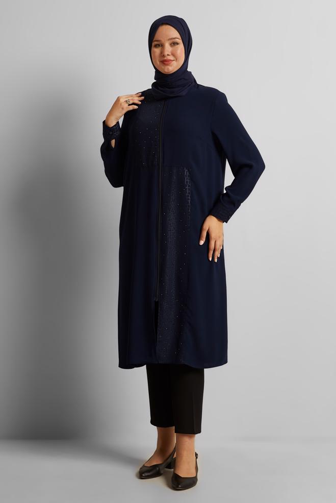 Vêtements hijab BLEU MARINE TUNIQUE LONGUE À FERMETURE ÉCLAIR 20561 - ALVİNA