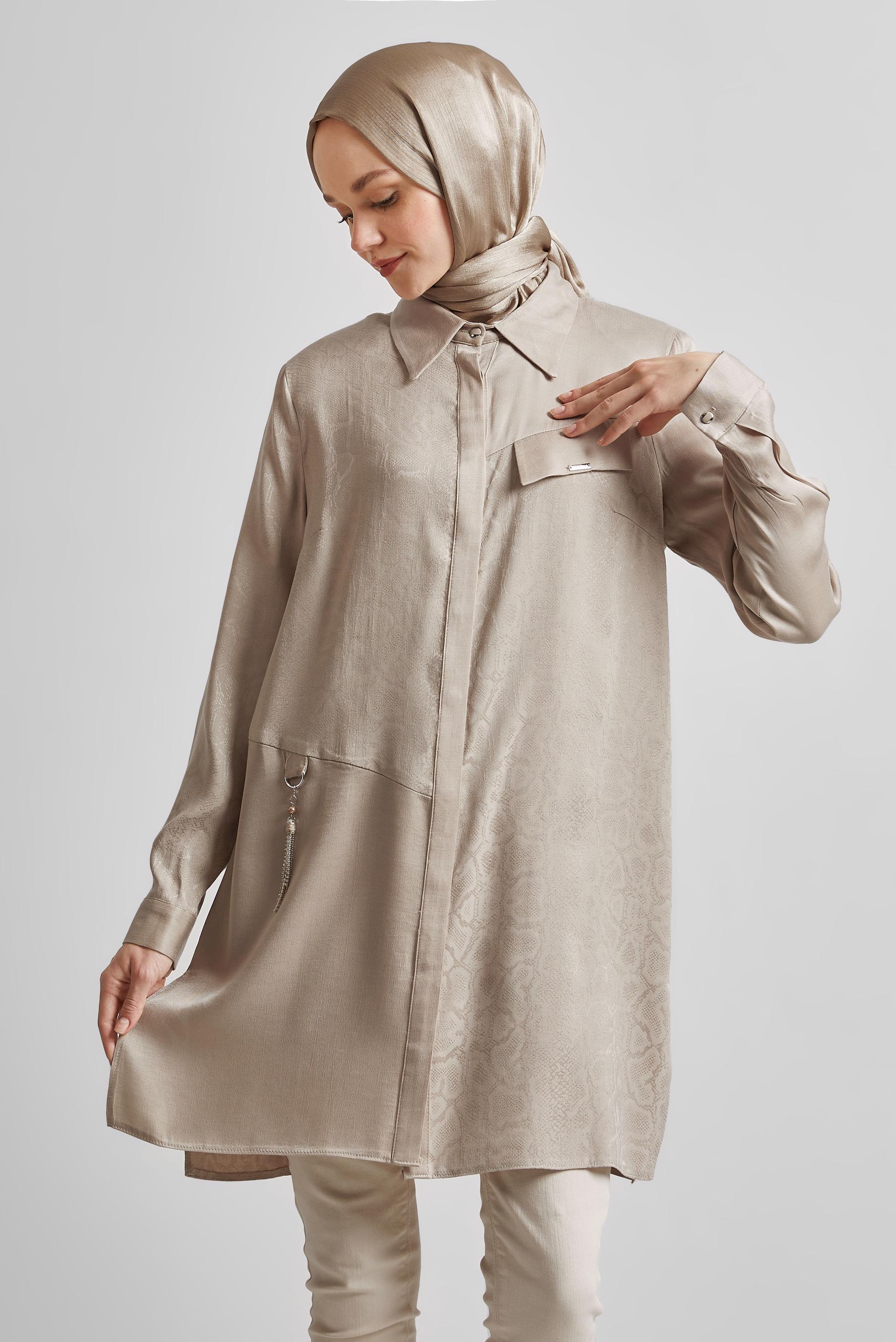Tesettür giyim BEJ GÖMLEK YAKA TUNİK 20642