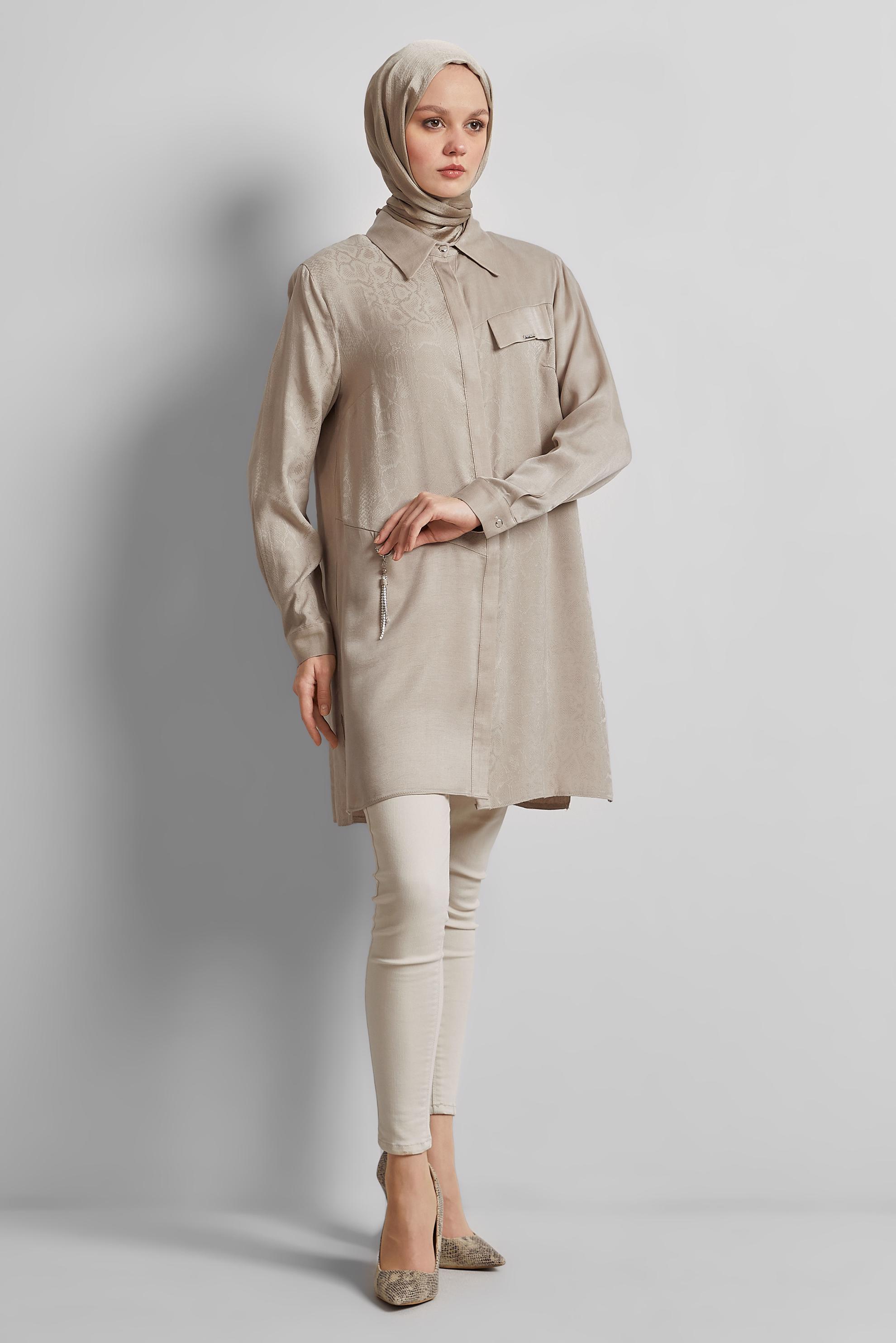 Tesettür giyim BEJ GÖMLEK YAKA TUNİK 20642