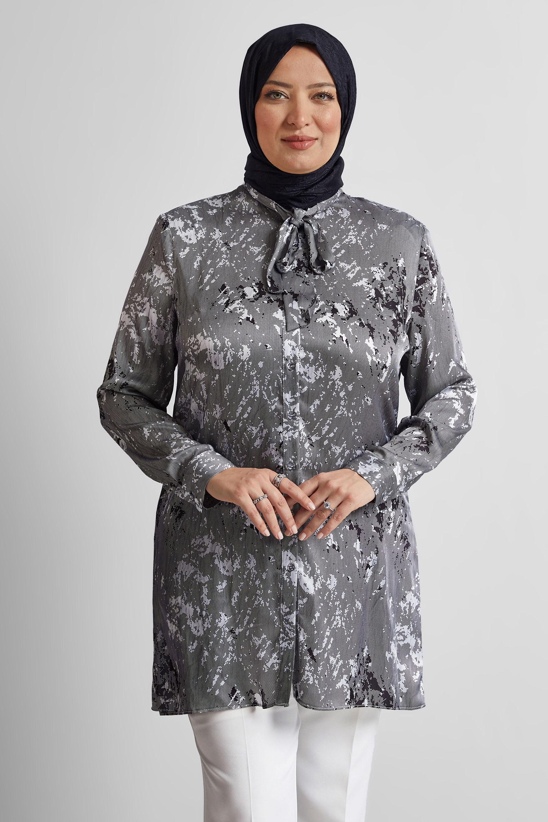 Vêtements hijab NOIR TUNIQUE EN SATIN À MOTIFS 20707