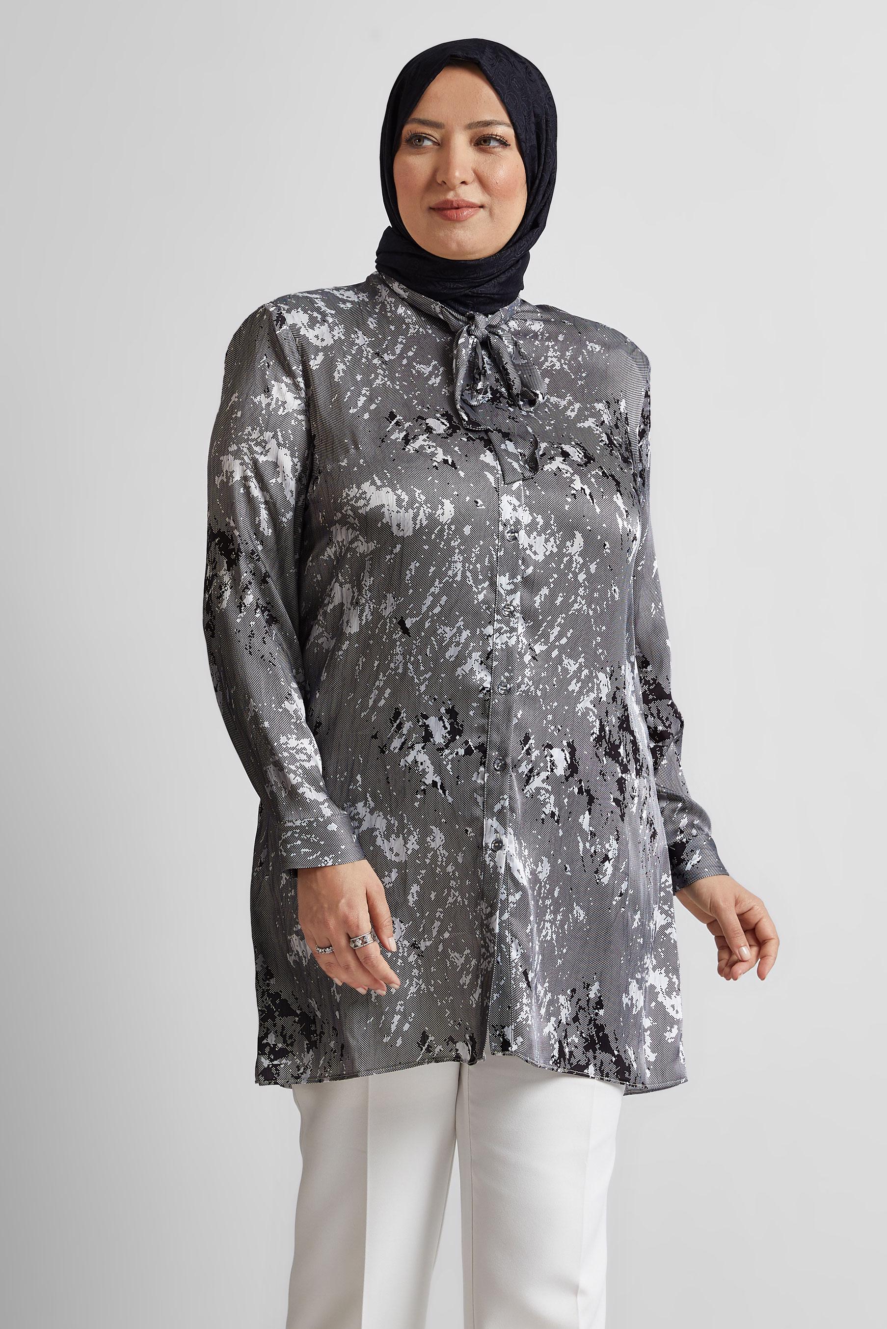 Vêtements hijab NOIR TUNIQUE EN SATIN À MOTIFS 20707