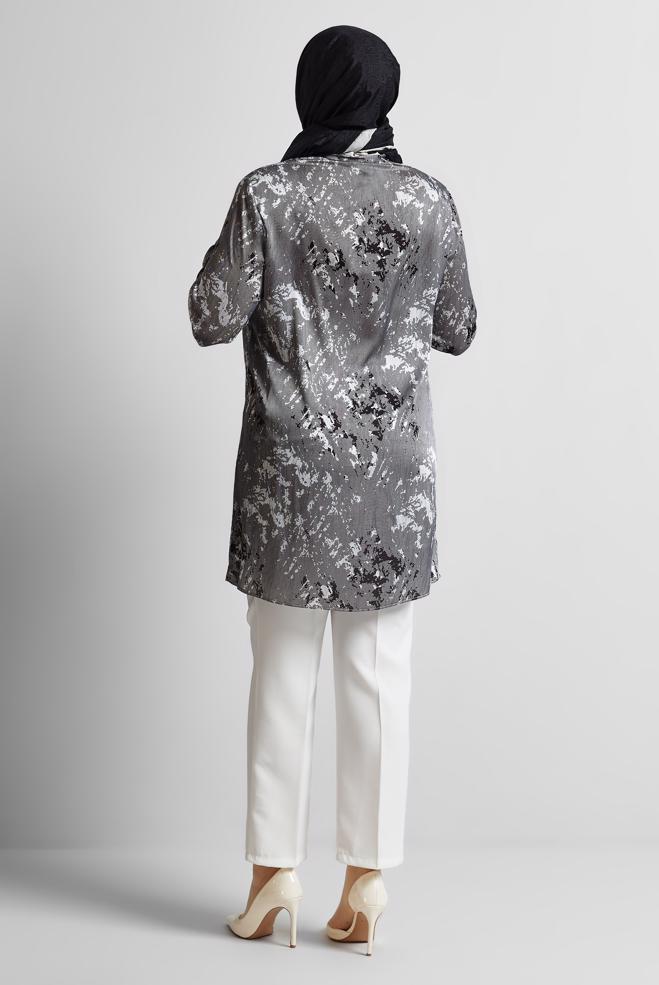Vêtements hijab NOIR TUNIQUE EN SATIN À MOTIFS 20707 - ALVİNA