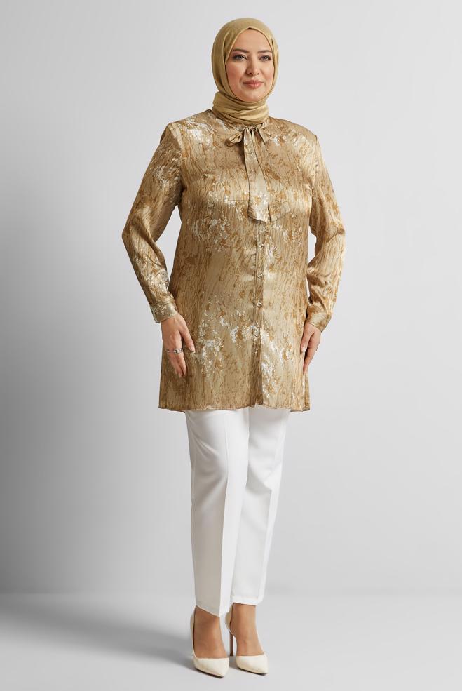 Vêtements hijab BRUN TUNIQUE EN SATIN À MOTIFS 20707 - ALVİNA