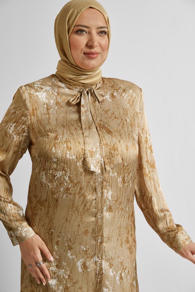 Vêtements hijab BRUN TUNIQUE EN SATIN À MOTIFS 20707 - ALVİNA