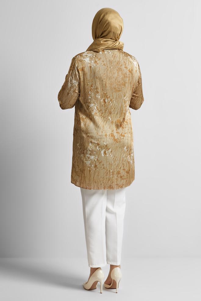 Vêtements hijab BRUN TUNIQUE EN SATIN À MOTIFS 20707 - ALVİNA