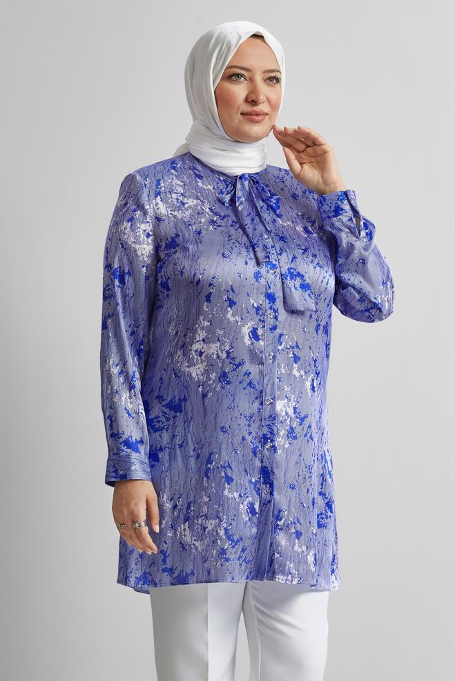 Vêtements hijab BLEU MARINE TUNIQUE EN SATIN À MOTIFS 20707 - ALVİNA